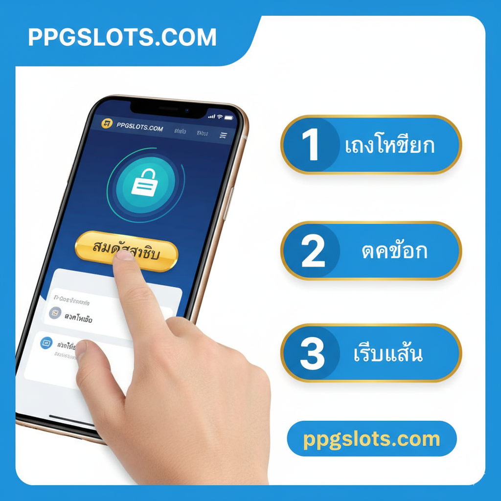 一个简洁的三步骤注册教程图。采用清晰的流程图หรือ信息图表风格، 将文章中的三个步骤(ลงทะเบียน、ฝากถอน、เริ่มเล่น)用编号1-2-3的大图标หรือ卡片展示出来。每个步骤下方配有简洁的泰文说明。图片左侧或右侧可以放置一个正在点击**“สมัครสมาชิก”(สมัครสมาชิก)按钮的手部特写**، 强调操作的简单快捷。整体色彩明亮، 使用PPGSLOTS的品牌色系(如蓝/绿与金的组合)، 确保流程清晰易懂。