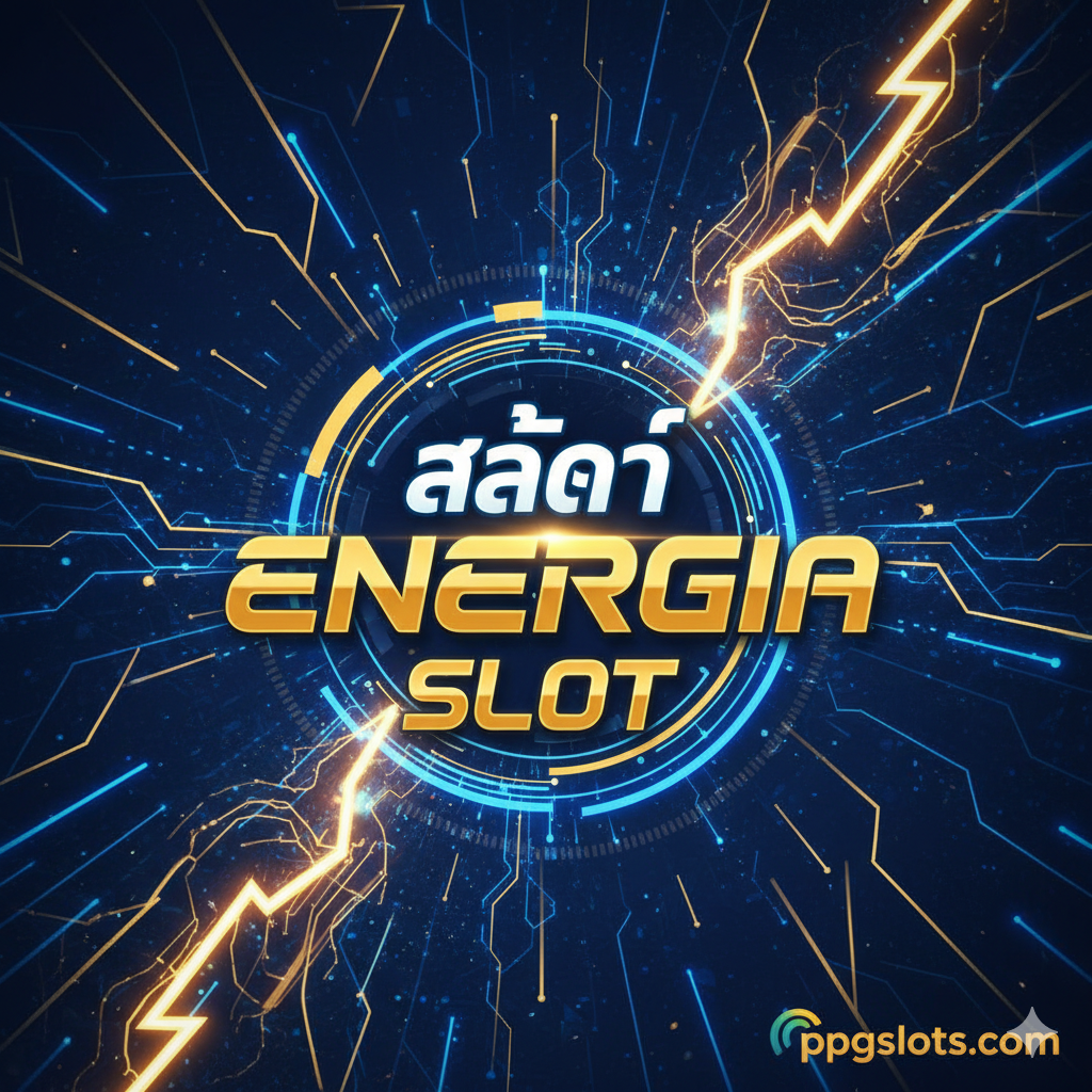 一张充满ชีวิตชีวาและ未来感的封面图,完美体现“Energi Slot”主题。背景是深蓝色调,布满了霓虹金色和蓝色的抽象闪电(代表能量)和电路图案。前景中央是一个发光的“Energi Slot”艺术字标题,字体设计充满科技感。ppgslots.com 的标志巧妙地放在右下角。整体视觉冲击力强,旨在吸引寻求“高能量”和“高额奖金”的玩家。