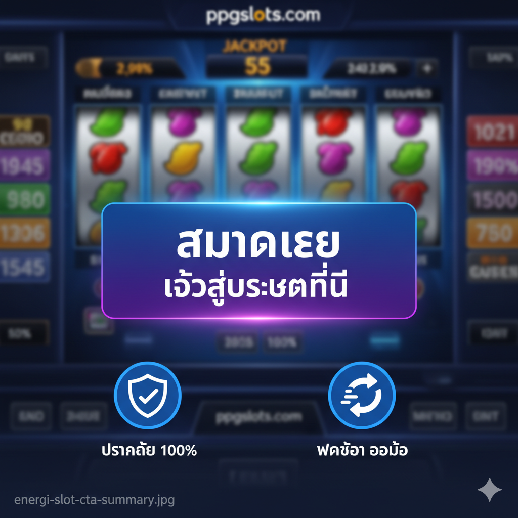 用于文章结尾的总结和行动号召 (CTA) 图片。图片中央是一个非常醒目的泰语按钮，上面写着“สมัครเลย” (立即注册) 和 “เข้าสู่ระบบที่นี่” (在此登录)。背景是 ppgslots.com 老虎机游戏界面的模糊截图。在按钮下方或周围，放置了两个关键信任图标：一个代表“ฝากถอน ออโต้” (自动存取款) 的快速箭头图标，和一个代表“ปลอดภัย 100%” (100% 安全) 的盾牌图标。整体设计旨在建立信任并促使用户立即采取行动。