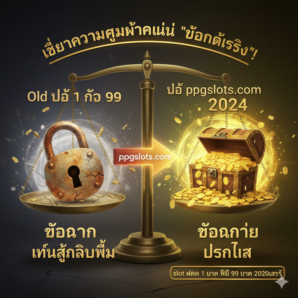 รูปภาพแสดงความได้เปรียบของ ppgslots.com ในปี 2024 เหนือโปรโมชั่นเก่า 1 รับ 99 โดยเน้นย้ำความโปร่งใสและการถอนเงินจริงง่ายกว่า