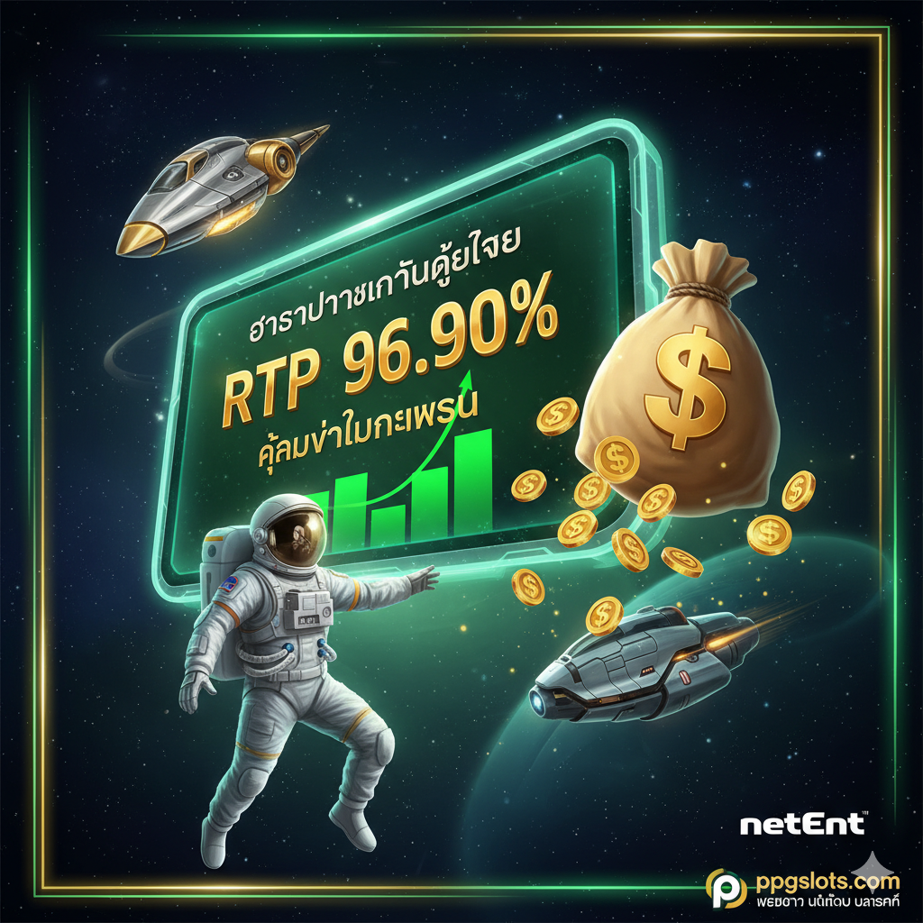 ภาพที่สื่อถึงจุดเด่นและข้อดีของเกม Cosmic Fortune โดยเน้นตัวเลข 'RTP 96.90%' อย่างเด่นชัดในรูปแบบกราฟหรือหน้าจอมอนิเตอร์อวกาศ แสดงถึงความคุ้มค่าในการเล่น มีฉากหลังเป็นยานอวกาศหรือมนุษย์อวกาศที่กำลังคว้าถุงเงินขนาดใหญ่ พร้อมโลโก้เล็กๆ ของ NetEnt และแบรนด์ ppgslots.com เพื่อสื่อถึง 'เว็บตรง' ที่มีอัตราจ่ายสูงและปลอดภัย องค์ประกอบภาพเน้นความน่าเชื่อถือและความโปร่งใสในการทำเงินด้วยสีเขียวและสีทองที่ตัดกัน