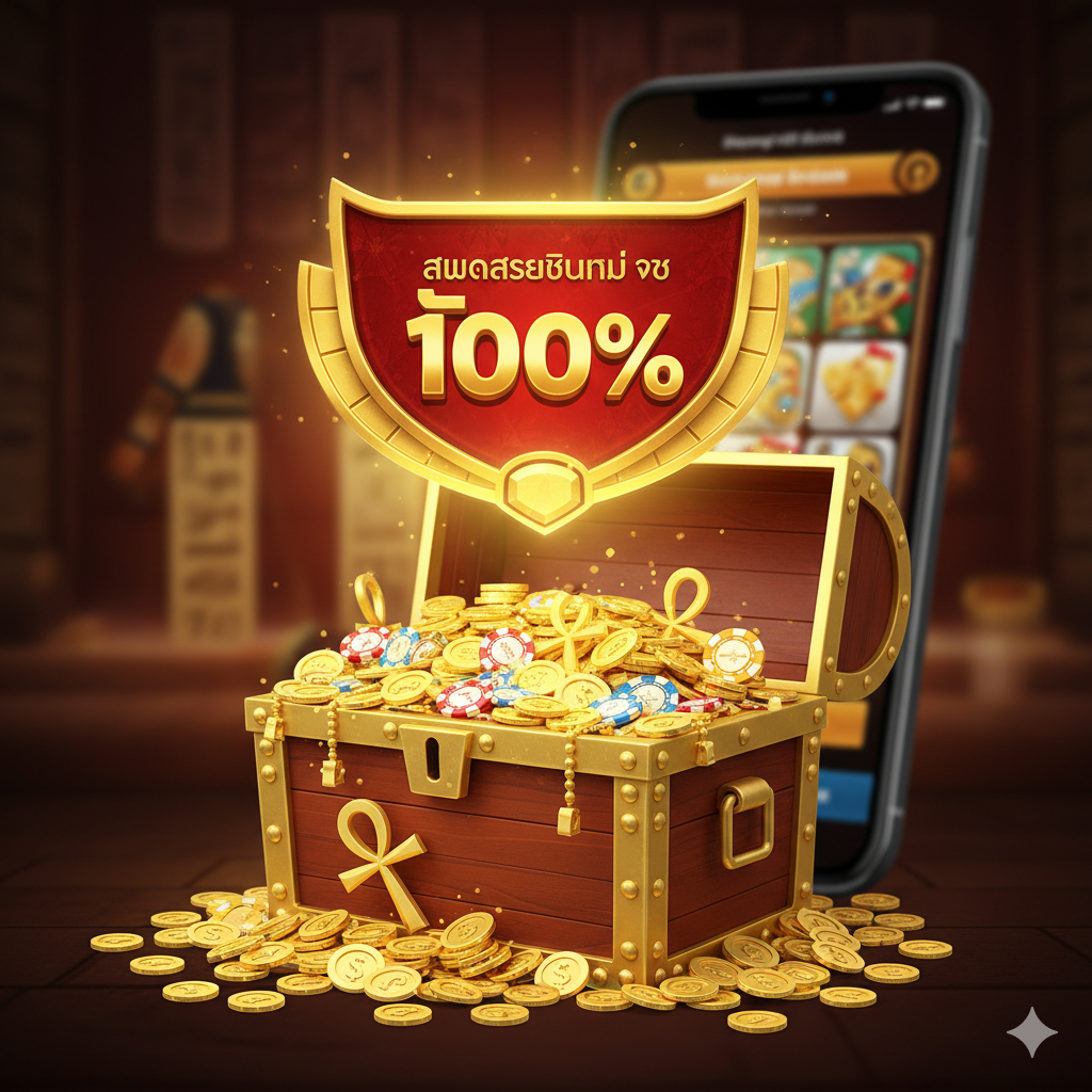 功能特性图，重点展示“สมัครสมาชิกใหม่ รับโบนัส 100%”。画面设计应简洁明了，以高亮度的红色和金色为主。构图中心是一个巨大的、堆满金币和筹码的宝箱，宝箱上方漂浮着一个闪闪发光的“100% Bonus”徽章。背景可以模糊处理，隐约可见手机界面上的mummy877游戏登录页面。风格应是直接、强调利益、充满吸引力的视觉营销。