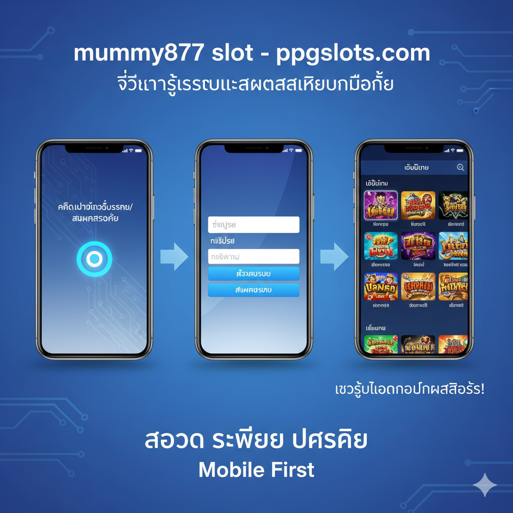 教程指导图，展示“เข้าสู่ระบบ”和“สมัครสมาชิก”的步骤。采用三步流程图的构图：1. 手机屏幕上显示“คลิก”按钮；2. 另一个屏幕上显示输入用户名和密码的表单；3. 第三个屏幕上显示进入了游戏大厅。这三个步骤用箭头连接，并配以泰语简洁说明。整体色彩为科技蓝和白色，强调系统的便捷、快速和“Mobile First”的原则。