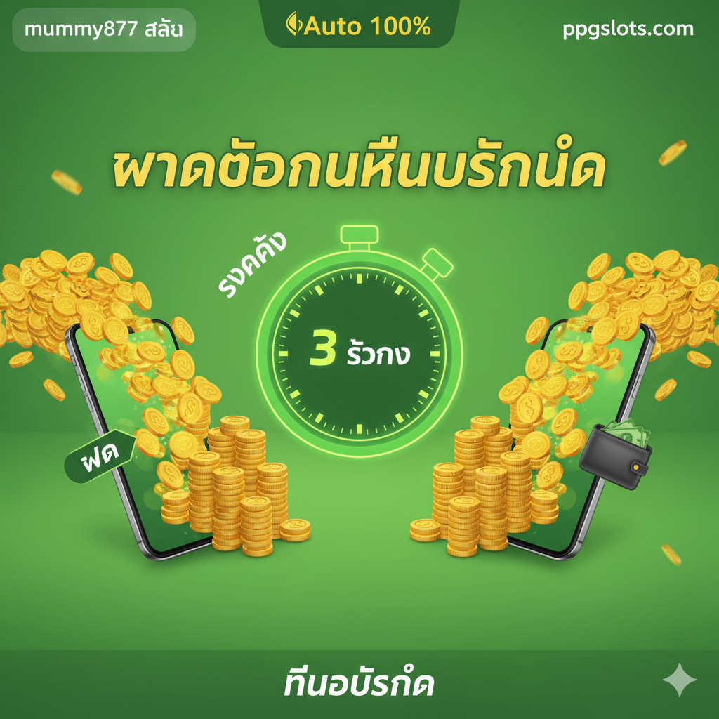 优势特点图，突出“ฝากถอนไม่มีขั้นต่ำ รวดเร็ว 3 วินาที”。画面中央应有一个醒目的计时器，显示“3 SECONDS”，旁边是两堆正在快速移动的金币流，一堆流入手机屏幕（存款），另一堆流出（提款）。图上应有明显的“Auto 100%”和“ไม่มีขั้นต่ำ”的泰语标签。色彩应使用代表速度的亮绿色或黄色，以传达高效和即时性的特点，体现系统自动化的优势。
