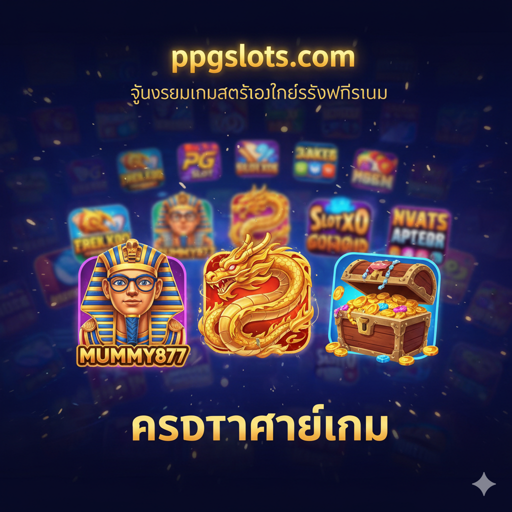 总结图，强调ppgslots.com作为“ศูนย์รวมเกมสล็อตออนไลน์ระดับพรีเมียม”的平台优势。画面应是一个广阔、充满活力的游戏大厅的俯视图，前景是多款mummy877的热门游戏图标（如法老、龙、宝藏），背景则是PG Slot、SlotXO等其他著名老虎机品牌图标的抽象剪影，象征“ครบทุกค่ายเกม”。整体风格应是丰富、多元化和高品质的，以深色背景衬托出游戏图标的鲜艳色彩，表达平台的全方位服务。