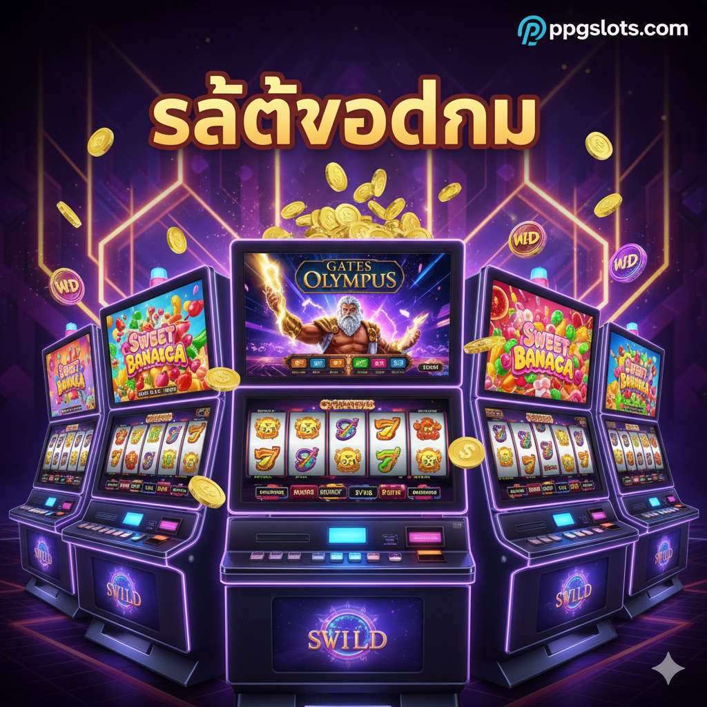 ภาพหน้าปกสไตล์แวววาวและดึงดูดใจ (High-energy, glossy, vibrant style) เน้นองค์ประกอบของสล็อตแมชชีนยอดนิยมหลายๆ เกมรวมกันในฉากเดียว ภาพควรมีตู้สล็อตดิจิทัลที่สว่างไสวแสดงภาพของเกม 'Gates of Olympus' (เทพซุส) และ 'Sweet Bonanza' (ลูกกวาด) อย่างเด่นชัด พร้อมกับสัญลักษณ์ Scatter และ Wild ลอยอยู่รอบๆ มีคำว่า 'Common Slot Machines' เป็นภาษาไทยและอังกฤษ พร้อมโลโก้ ppgslots.com ที่มุมใดมุมหนึ่ง พื้นหลังเป็นแสงนีออนสีม่วง/ทอง แสดงถึงความหรูหราและความตื่นเต้นของการชนะรางวัลใหญ่