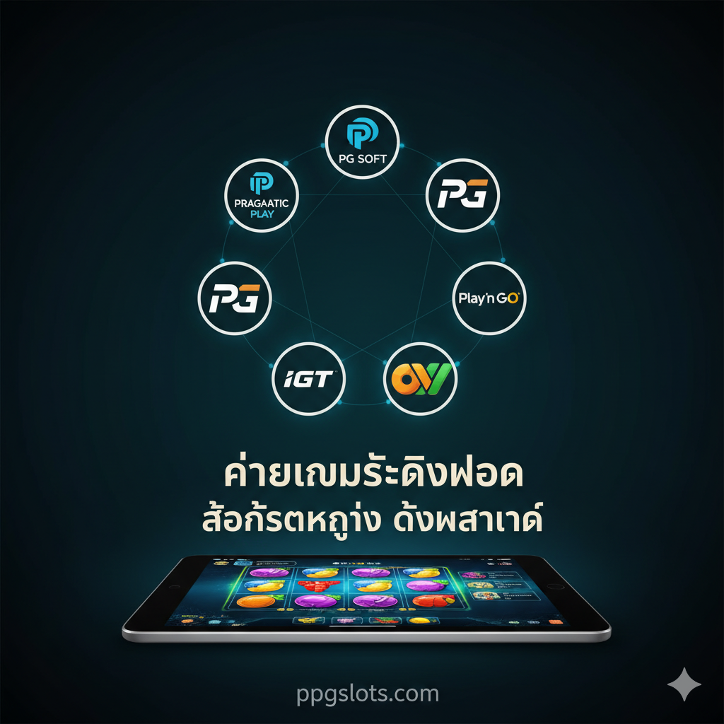 ภาพที่เน้นย้ำความน่าเชื่อถือและข้อได้เปรียบของค่ายเกมชั้นนำ ภาพควรแสดงโลโก้ของค่ายเกมหลักๆ ที่กล่าวถึง (Pragmatic Play, PG Soft, IGT, Play'n GO) จัดเรียงเป็นวงกลมหรือกลุ่มดาว (Constellation) อยู่เหนือมือถือหรือแท็บเล็ตที่แสดงหน้าจอเกมสล็อตแบบเล่นบนมือถือ (Mobile-first slot screen) มีข้อความสั้นๆ เป็นภาษาไทยว่า 'ค่ายเกมระดับโลก' หรือ 'สล็อตแตกง่าย ได้มาตรฐาน' เพื่อเน้นย้ำคุณภาพและความเป็นมืออาชีพของ ppgslots.com ใช้พื้นหลังสีเข้มเพื่อเน้นโลโก้ให้เด่นชัด