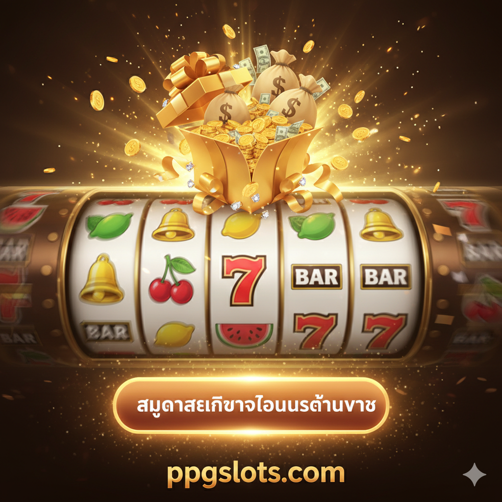 ภาพสรุปและกระตุ้นการสมัครสมาชิก ภาพควรเป็นสไตล์ 'Call to Action' ที่มีกล่องของขวัญทองคำ (Golden gift box) หรือถุงเงินขนาดใหญ่ (Big money bag) วางอยู่บนวงล้อสล็อตที่กำลังหมุน พร้อมปุ่ม CTA ขนาดใหญ่ที่เขียนว่า 'สมัครสมาชิกรับโบนัสต้อนรับ' ในภาษาไทย องค์ประกอบทั้งหมดควรล้อมรอบด้วยความแวววาวและแสงทอง (Golden light and sparkles) เพื่อสื่อถึงรางวัลพิเศษและความคุ้มค่าเมื่อเข้าร่วม ppgslots.com การจัดวางเน้นความดึงดูดใจและความเร่งด่วนในการเข้าร่วม