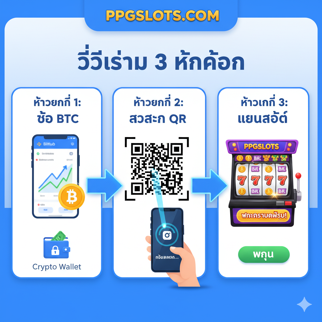 此图用于说明“3 步骤入门教程”。构图采用三格分解式或信息图表风格。第一格是“ซื้อ BTC” (Buy BTC),显示Bitkub或Binance的模糊界面และCrypto Wallet;第二格是“สแกน QR” (Scan QR),显示一个Bitcoin QR Code和一个手机正在扫描的动作;第三格是“เล่นสล็อต” (Play Slot),显示一个PPGSLOTS风格的老虎机界面。使用清晰的箭头连接三个步骤,整体色彩明亮,易于理解,风格为简洁的信息图表。