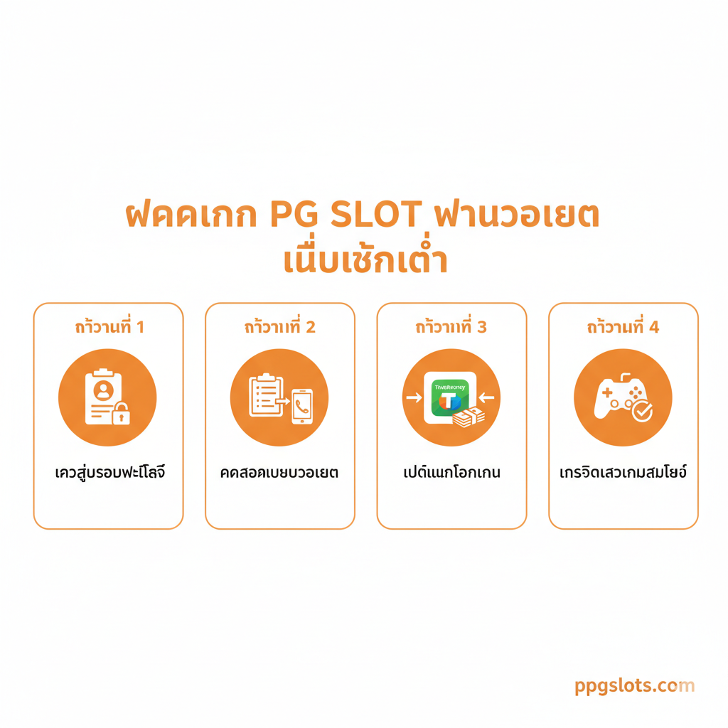 ภาพขั้นตอนการฝากเงินผ่าน True Wallet ที่เรียบง่ายและเป็นลำดับ (Simple and sequential tutorial image) ใช้การจัดวางแบบอินโฟกราฟิก (Infographic layout) แบ่งเป็น 3-4 ขั้นตอนชัดเจน แต่ละขั้นตอนมีไอคอนที่สื่อความหมาย เช่น 1. ไอคอนล็อกอิน (Login icon) 2. ไอคอนคัดลอกเบอร์โทรศัพท์/Wallet (Copy phone number/Wallet icon) 3. ไอคอนแอป TrueMoney Wallet พร้อมการโอนเงิน (TrueMoney Wallet app with transfer action) 4. ไอคอนเครดิตเข้าเกม (Credit added to game icon) ใช้โทนสีส้ม-ขาว หรือสีที่ตัดกันเพื่อให้อ่านง่าย มีข้อความ 'ฝากเงิน PG SLOT ผ่านวอเลท ไม่มีขั้นต่ำ' (Deposit PG SLOT via Wallet No Minimum) เป็นหัวข้อหลัก ภาพรวมเน้นความชัดเจนและง่ายต่อการปฏิบัติตาม