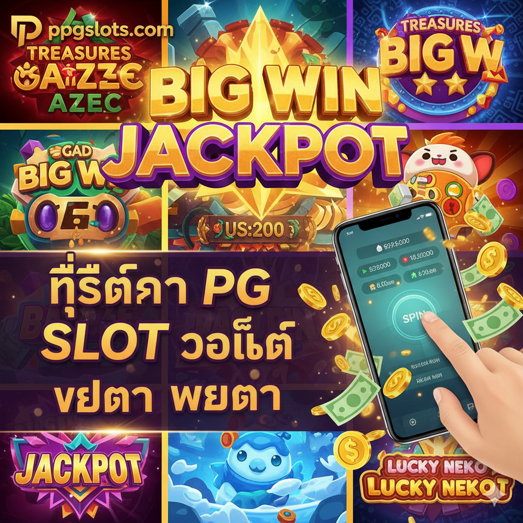 ภาพสรุปที่ให้ความรู้สึกถึงชัยชนะและโอกาส (Victory and opportunity feeling) โดยใช้ภาพเกม PG SLOT ยอดนิยมบางส่วน (Some popular PG SLOT games) หรือสัญลักษณ์ 'BIG WIN' (BIG WIN symbol) หรือ 'JACKPOT' (JACKPOT symbol) ขนาดใหญ่เป็นพื้นหลัง องค์ประกอบด้านหน้ามีโลโก้ ppgslots.com และข้อความสรุป 'ที่สุดของ PG SLOT วอเล็ท เว็บตรง' (The best PG SLOT Wallet Direct Web) พร้อมกับภาพมือที่กำลังกดปุ่มสปิน (Hand pressing a spin button) หรือภาพโทรศัพท์มือถือที่แสดงยอดเงินที่เพิ่มขึ้นอย่างรวดเร็ว (Mobile phone showing rapidly increasing balance) โทนสีสดใสและมีพลัง (Vibrant and energetic colors) เพื่อกระตุ้นให้ผู้ใช้งานสมัครสมาชิก