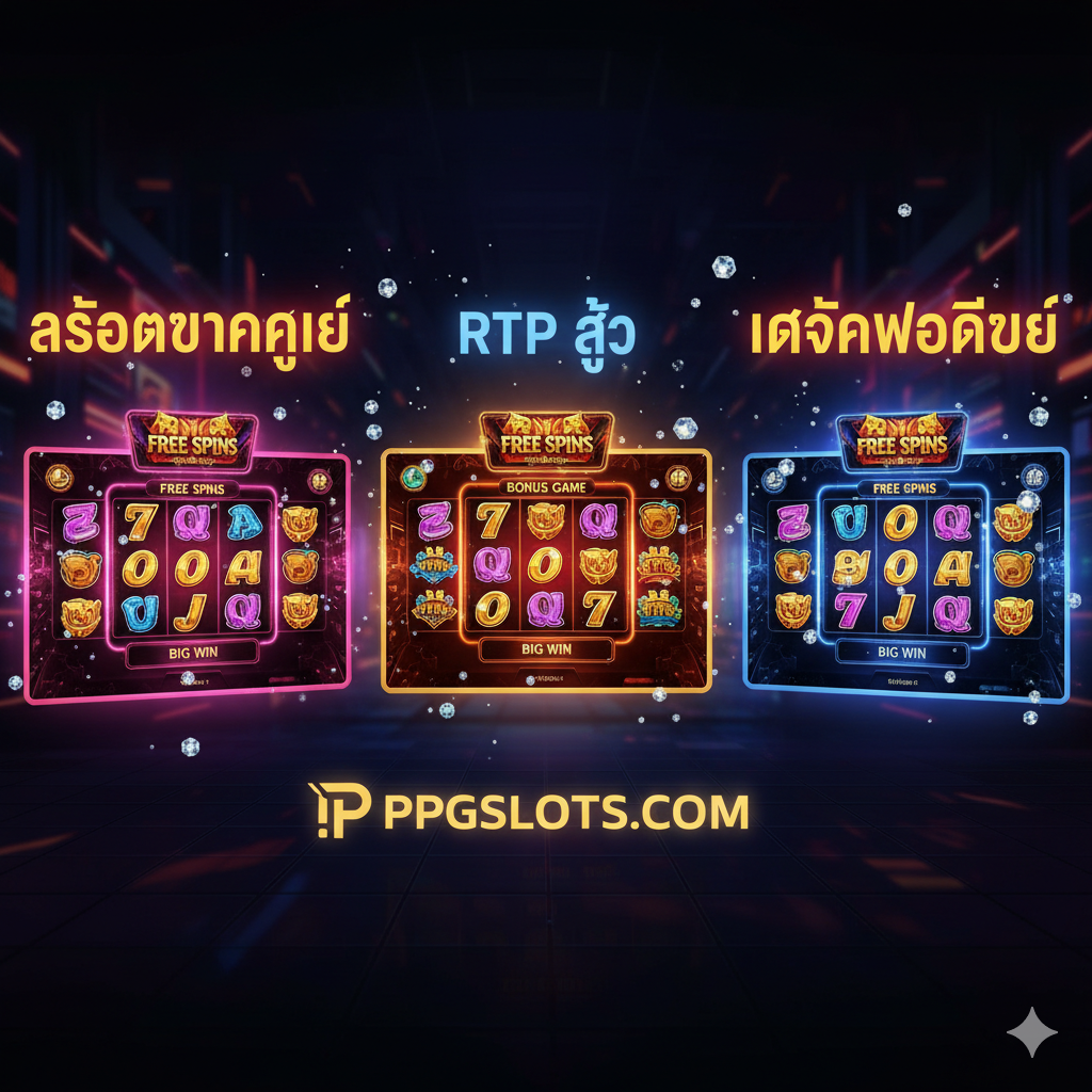 ภาพสำหรับส่วนคุณสมบัติของเกมสล็อตออนไลน์ ppgslots.com เน้นความตื่นเต้นและคุณสมบัติหลัก แสดงหน้าจอเกมสล็อตหลายเกม (เช่น 3-5 เกม) ที่กำลังอยู่ในโหมด 'Free Spins' หรือ 'Bonus Feature' โดยมีเอฟเฟกต์แสงสีสันสดใส เช่น แสงนีออนและประกายเพชร มีข้อความลอยอยู่ด้านบนหรือด้านข้าง เช่น 'สล็อตแตกง่าย' (Easy Win Slot), 'RTP สูง' (High RTP), และ 'แจ็กพอต' (Jackpot) เพื่อเน้นย้ำคุณสมบัติสำคัญทั้งหมด สไตล์ภาพเป็นแบบกราฟิกที่ทันสมัยและมีชีวิตชีวา เน้นการใช้สีแดง/ทอง/น้ำเงินเข้มเพื่อสร้างความรู้สึกของคาสิโนออนไลน์