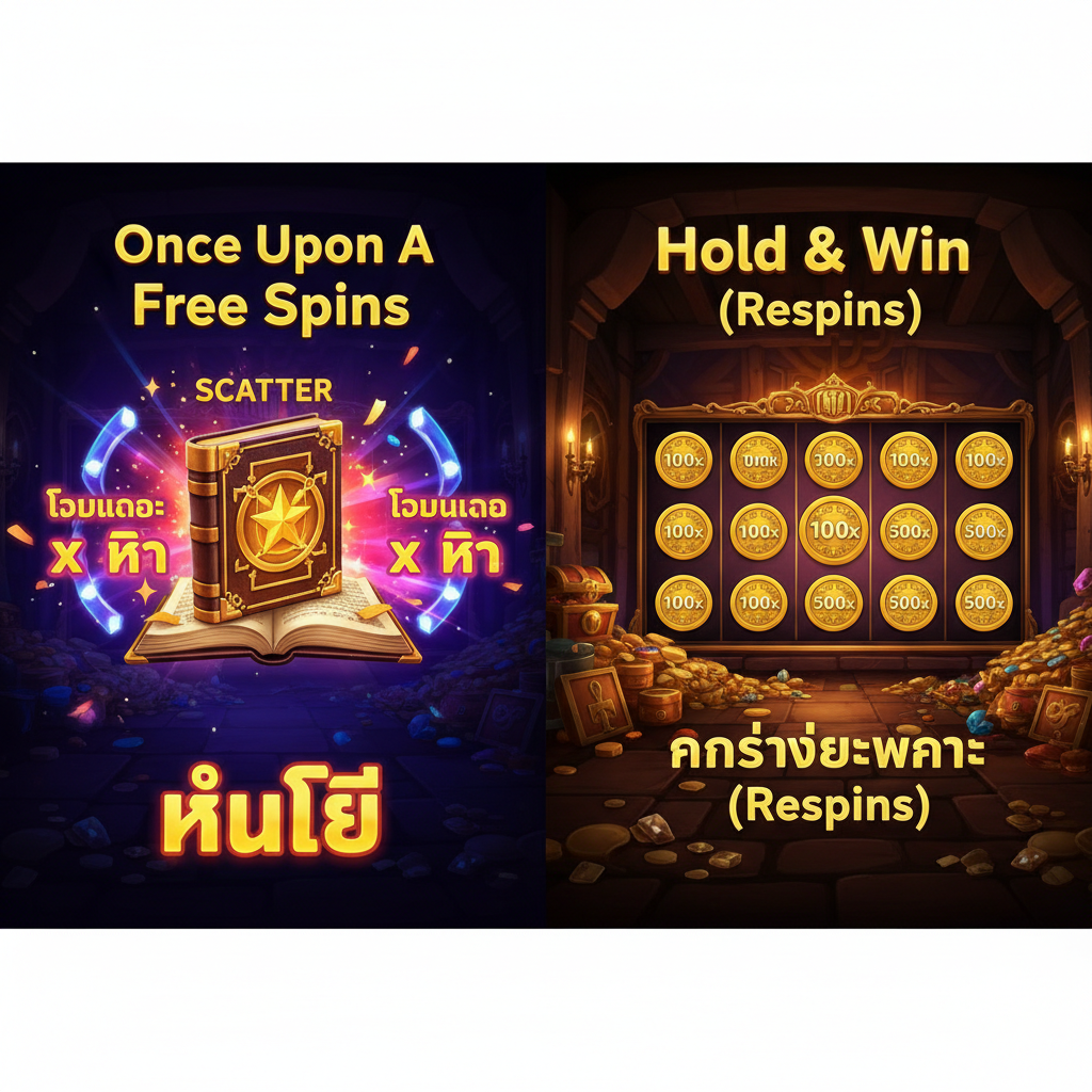 一张清晰展示游戏核心功能的图解。画面被分成两ส่วน：左边是“Free Spins”区域，以一本打开的魔法书（Scatter符号）为中心，周围环绕着飞舞的数字“x倍乘数”和闪烁的“หมุนฟรี” (Free Spin) 泰文字样，色彩明亮且动态。右边是“Hold & Win (Respins)”区域，突出展示至少六个带有不同金额（例如：100x, 500x）的金色“Dime”硬币符号被锁定在卷轴上的状态，背景是深邃的宝库，强调其高额奖励的潜力。整体构图旨在突出两种主要奖励机制。