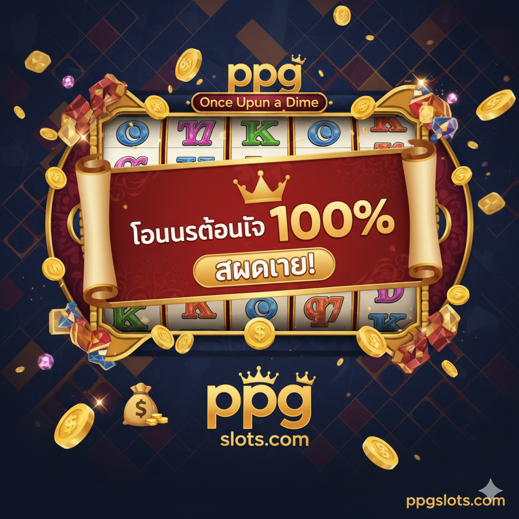 一张旨在促使读者采取行动的总结性图片，重点突出ppgslots的促销活动。画面占据大部分空间的是一张金色和红色交织的横幅，上面以醒目的泰语写着“โบนัสต้อนรับ 100%” (100% 欢迎奖金) หรือ“สมัครเลย!” (立即注册!)。背景是《Once Upon a Dime Slot》游戏画面的抽象几何图案，并在显眼位置嵌入“ppgslots.com”的网址และ平台标志，同时有一个小的钱袋หรือ现金符号，暗示高额回报，鼓励用户点击注册。