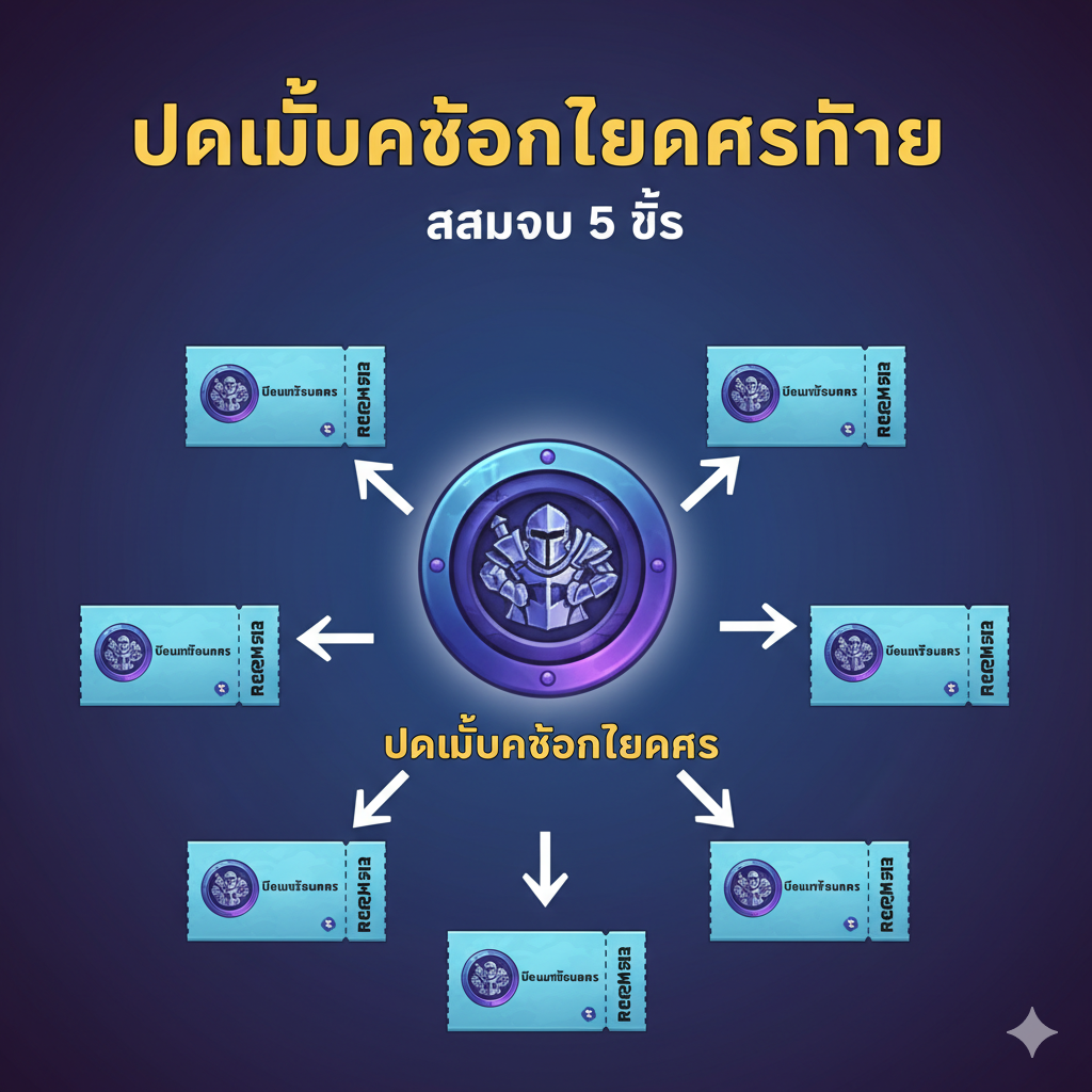 ภาพที่เน้นกลไกการปลดล็อก Character Slot Coupon แสดงคูปองขนาดเล็ก 5 ชิ้น (มีโลโก้ RotMG) จัดเรียงเป็นวงกลมและมีลูกศรชี้เข้าสู่ไอเท็ม Character Slot Unlocker ชิ้นเดียวที่อยู่ตรงกลางอย่างชัดเจน การจัดองค์ประกอบเป็นแบบ Infographic ที่สะอาดตา ใช้สีหลักของเกม เช่น สีฟ้าและสีม่วงของไอเท็มระดับสูง เพื่อสื่อถึงความสำคัญของการสะสมคูปองให้ครบจำนวนเพื่อแลกสล็อตถาวร