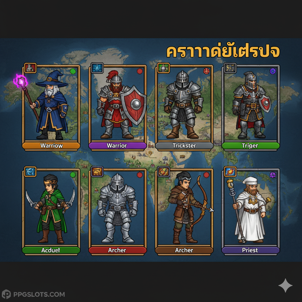 ภาพที่สื่อถึงข้อดีของการมีหลายสล็อตตัวละคร แสดงหน้าจอเลือกตัวละครที่มีช่องว่างหลายช่องถูกเติมเต็มด้วยตัวละครหลากหลายคลาส (เช่น Wizard, Warrior, Trickster) ซึ่งแต่ละตัวมีสีสันและอุปกรณ์ที่แตกต่างกัน ฉากหลังเป็นแผนที่โลกของ RotMG เพื่อสื่อถึงความพร้อมในการผจญภัยและการฟาร์ม (Farming) ที่หลากหลาย แสดงให้เห็นถึงอิสระและความยืดหยุ่นในการเล่นเกมอย่างมีกลยุทธ์