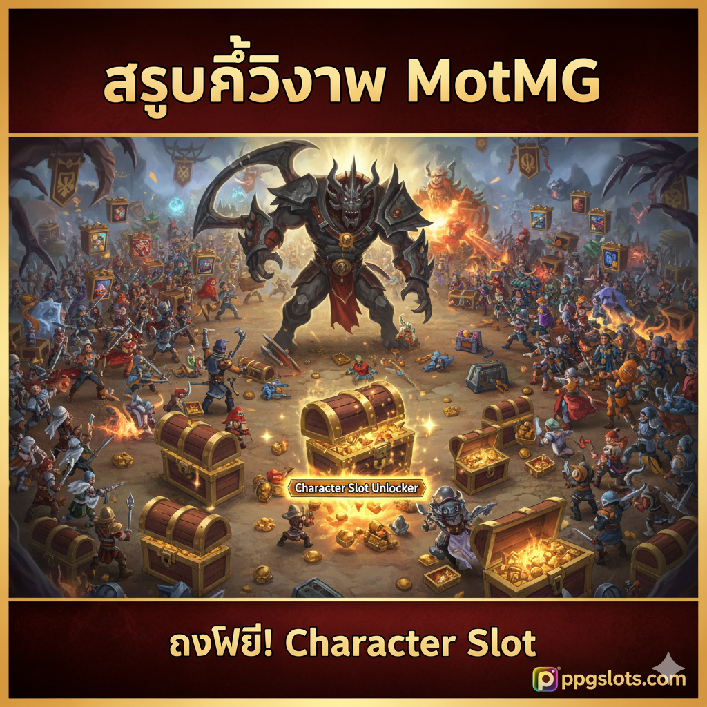 ภาพสรุปที่เป็นแรงบันดาลใจ เน้นกิจกรรมสำคัญอย่าง MotMG (Month of the Mad God) ที่เป็นโอกาสทอง แสดงฉากการต่อสู้กับบอสใหญ่ที่มีผู้เล่นจำนวนมากและมีกล่องสมบัติ (Loot Chests) หล่นลงมามากมาย พร้อมไอเท็ม Character Slot Unlocker ปรากฏอยู่ท่ามกลางกองสมบัติ บรรยากาศเป็นงานเฉลิมฉลอง เน้นสีทองและแดง แสดงถึงความคุ้มค่าของการเข้าร่วมกิจกรรมและการติดตามข่าวสารอย่างสม่ำเสมอ