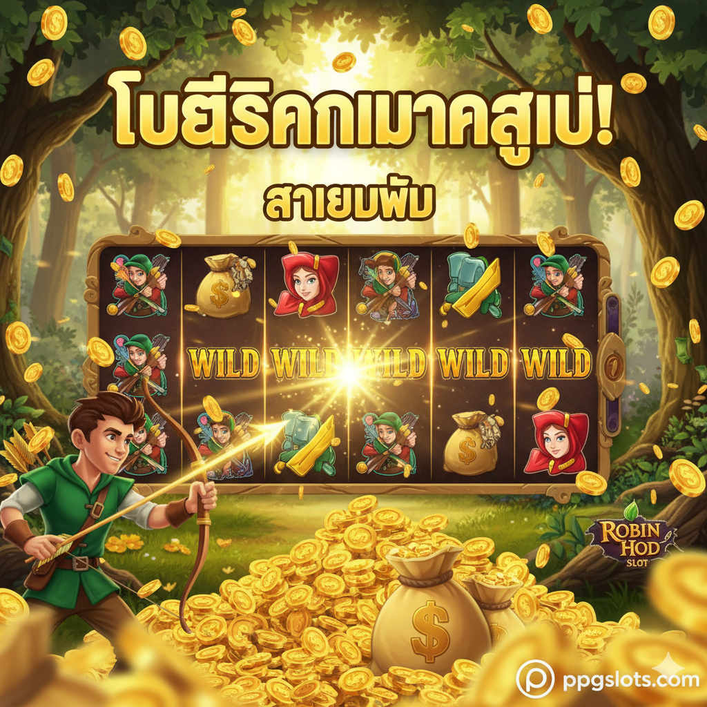 ภาพที่สื่อถึงฟีเจอร์และโอกาส แตกง่าย ของ Robin Hood Slot. ภาพควรเน้นไปที่ฉากหลังที่สวยงาม (สไตล์สมจริง) พร้อมกับเอฟเฟกต์แอนิเมชันของฟีเจอร์เกม: เช่น ลูกศรทองคำ ยิงไปที่วงล้อเพื่อเปลี่ยนเป็น Wilds, เหรียญทอง หรือ ถุงสมบัติ จำนวนมากกำลังโปรยปรายลงมาบนหน้าจอ. แสงสว่างจ้าและสีทองสว่างไสวควรเป็นโทนสีหลักเพื่อสื่อถึงชัยชนะและรางวัลใหญ่. อาจมีข้อความสั้นๆ เป็นภาษาอังกฤษหรือภาษาไทยที่เกี่ยวกับ 'FREE SPINS' หรือ 'MEGA WIN' เพื่อเพิ่มความตื่นเต้นและตอกย้ำข้อดีของการเล่นเกม.