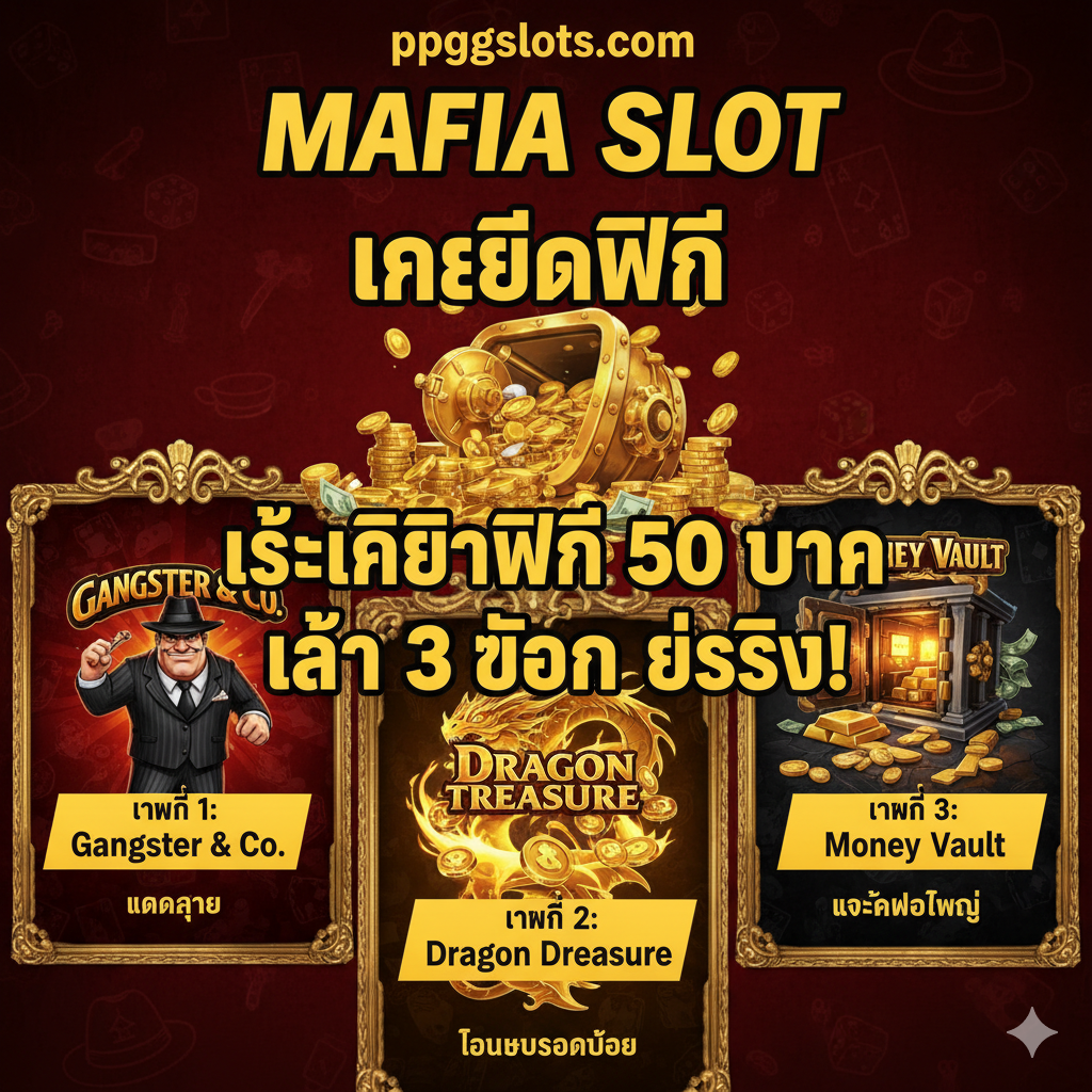 ภาพสรุปและแนะนำเกมเด่น 3 เกมของ Mafia Slot ภาพควรมีสามช่องย่อยที่แสดงโลโก้หรือหน้าจอเกม: 1. Gangster & Co., 2. Dragon Treasure, 3. Money Vault. แต่ละช่องควรมีข้อความสั้นๆ เช่น 'แตกง่าย' หรือ 'โบนัสออกบ่อย'. ตรงกลางภาพมีข้อความสรุปเป็นภาษาไทยว่า 'ใช้เครดิตฟรี 50 บาท เล่น 3 เกมนี้ ถอนได้จริง!' โดยใช้ฟอนต์ตัวหนาและสีเหลือง. สไตล์รวมควรดูสนุกและน่าเล่น (game-focused) เพื่อกระตุ้นให้ผู้เล่นเริ่มเล่นทันที.