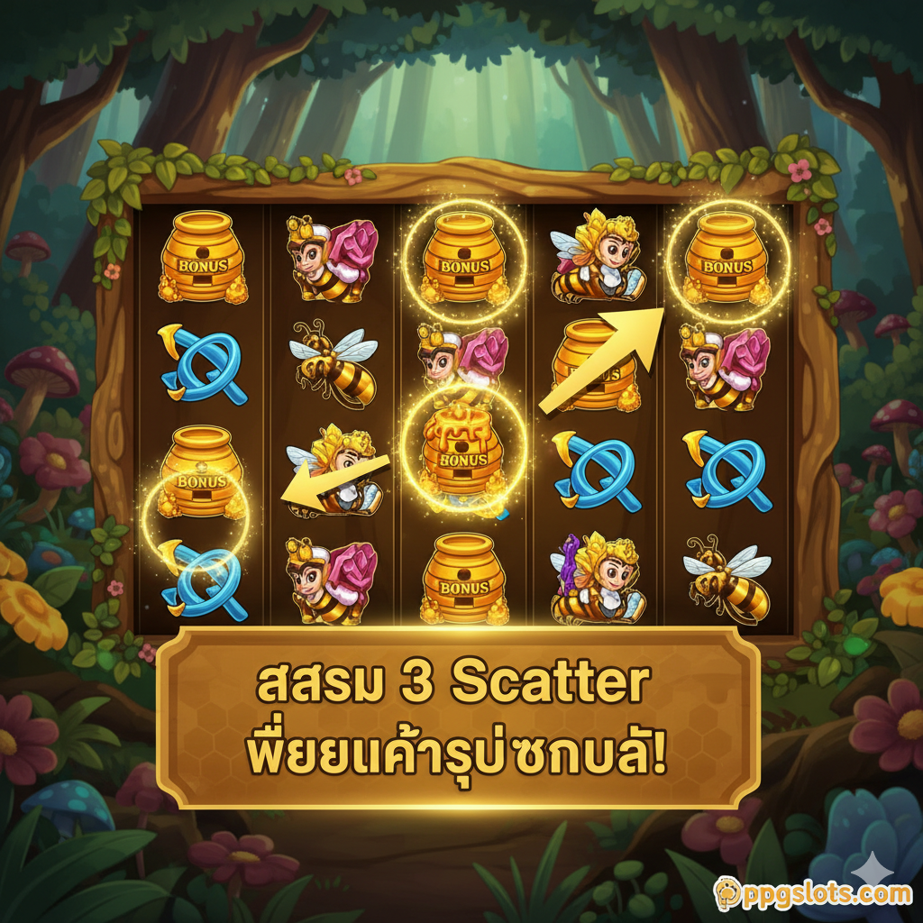 ภาพประกอบคำแนะนำการเล่นเวอร์ชัน DEMO ที่มุ่งเน้นการเข้าสู่รอบ Stage 1 Bonus Feature แสดงวงล้อเกมที่มีสัญลักษณ์ Scatter 3 ตัวปรากฏอยู่บนวงล้อที่ 1, 3, และ 5 มีเอฟเฟกต์แสงสว่างรอบสัญลักษณ์เหล่านั้นเพื่อเน้นความสำคัญของ Scatter และบ่งบอกว่ากำลังจะเข้าสู่รอบฟรีสปิน หรือ Stage 1 Bonus อาจมีข้อความภาษาไทยกำกับสั้นๆ ว่า 'สะสม 3 Scatter เพื่อเข้าสู่โบนัส!' ในรูปแบบของคำแนะนำที่ชัดเจนและอ่านง่าย