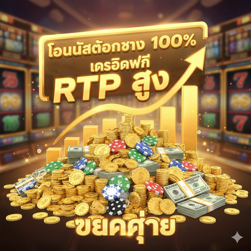 ภาพแสดงกองเหรียญทองและแผนภูมิ RTP ที่เป็นบวกพร้อมป้ายโบนัส 100% สื่อถึงโอกาสในการทำกำไรและโบนัสต้อนรับ