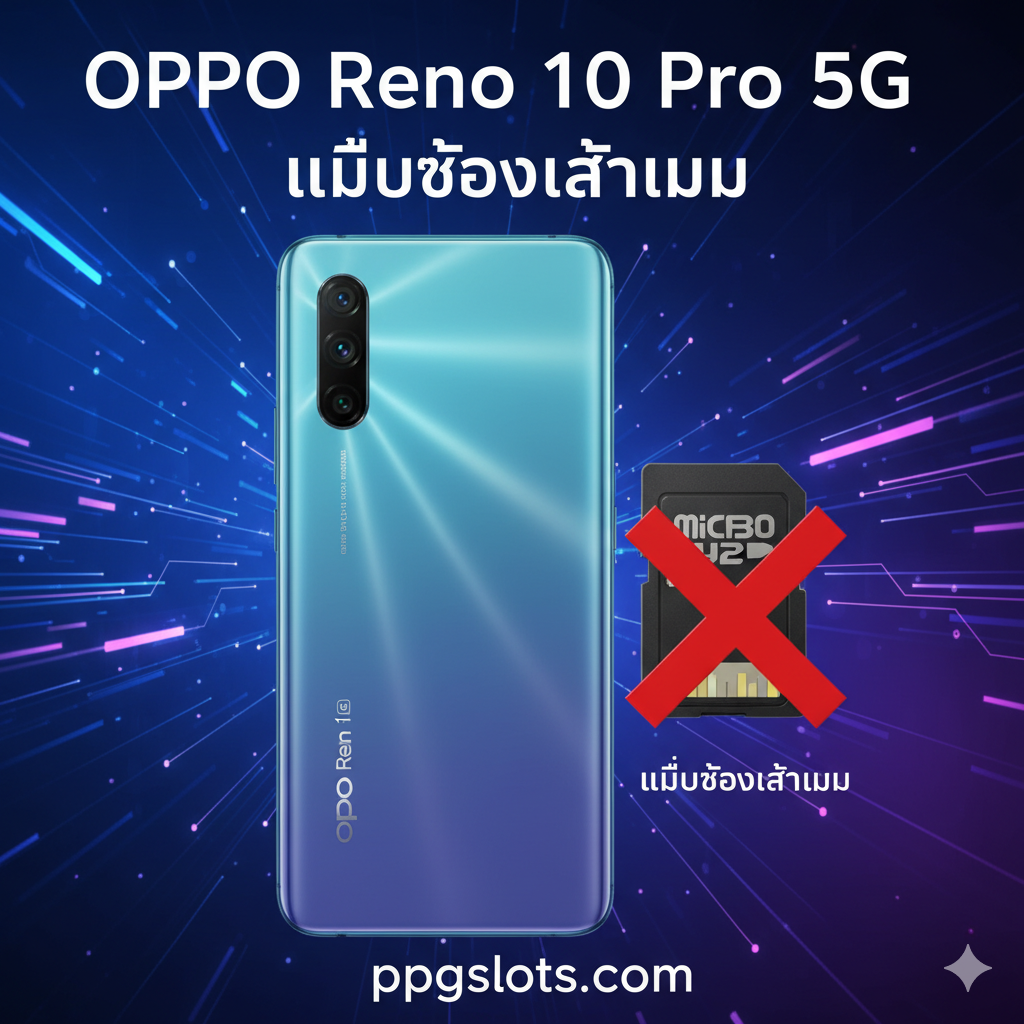 一张醒目的科技主题封面图。画面中心是一个放大的OPPO Reno 10 Pro 5G手机背面，旁边有一个MicroSD卡，卡片上有一个大大的红色“X”或禁止符号，明确传达“不支持”的信息。背景采用科技感的蓝色和紫色渐变，带有抽象的光线和线路图元素，增加视觉冲击力。整体风格现代、清晰，字体（如：OPPO Reno 10 Pro 5G）应粗体且易读，泰语标题“ไม่มีช่องใส่เมม” (No Memory Slot) 可作为副标题。