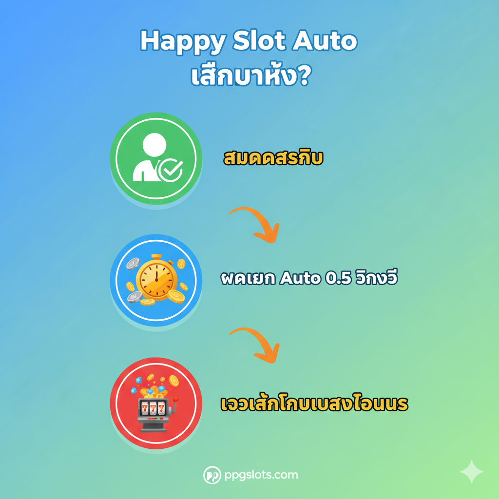 ภาพแนวอินโฟกราฟิกหรือขั้นตอนการเล่น (Step-by-Step Tutorial) สำหรับ 'Happy Slot Auto เล่นยังไง?' โดยแบ่งเป็น 3 ขั้นตอนง่าย ๆ ในแนวนอนหรือแนวตั้ง: ขั้นตอนที่ 1 'สมัครสมาชิก' (รูปไอคอนคนและเครื่องหมายถูก), ขั้นตอนที่ 2 'ฝากเงิน Auto 0.5 วินาที' (รูปไอคอนนาฬิกาเร็วและเงิน), และขั้นตอนที่ 3 'เข้าเล่นเกมและรับโบนัส' (รูปไอคอนสล็อตแมชชีนระเบิดเหรียญ) ใช้ลูกศรนำทางระหว่างขั้นตอน สีสันสดใสแต่เป็นระเบียบ เน้นความง่ายในการใช้งานและเริ่มเล่นได้ทันที