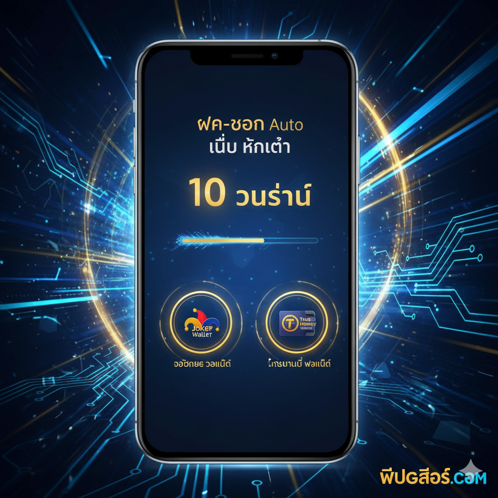 功能图片重点展示“系统自动”和“快速存取款”的便利性。画面中央应有一个醒目的手机屏幕，展示一个流畅的“ฝาก-ถอน Auto ไม่มี ขั้นต่ำ”操作界面，并突出显示一个极短的时间数字，如“10 วินาที”หรือ“24 ชม.”。色彩采用科技感强的蓝色和金色光效，背景可以有抽象的电路板或数据流线，象征速度与安全。旁边可以放置一个代表“Joker Wallet”或True Money Wallet的图标，表示支持多种便捷支付。整体营造高效、可靠的交易体验。
