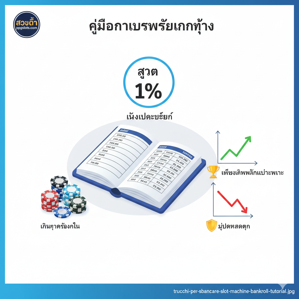 一张关于资金管理教程的图。画面中央是一个巨大的计算器或记账本,旁边放着一个醒目的1%符号,代表“สูตร 1%”的原则。周围的元素包括:一小叠整齐的筹码(代表初始Bankroll)、一个箭头指向下方的图表(表示“Cut Loss”/止损),以及一个箭头指向更高的图表(表示“Run Hot”/盈利时增加下注)。整体风格应专业且易懂,使用图标和简短文字(如1%, Stop Loss, Stop Win)来指导读者进行“การบริหารเงินทุน”(资金管理)。