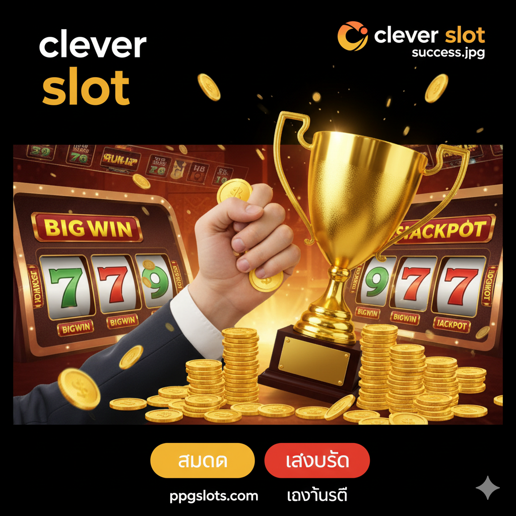 ภาพสรุปที่แสดงถึงความสำเร็จในการเล่นสล็อต หนึ่งมือกำลังคว้าเหรียญทองหรือถ้วยรางวัลโดยมีพื้นหลังเป็นหน้าจอ Big Win หรือ Jackpot พร้อมปุ่มสมัครและเข้าสู่ระบบ