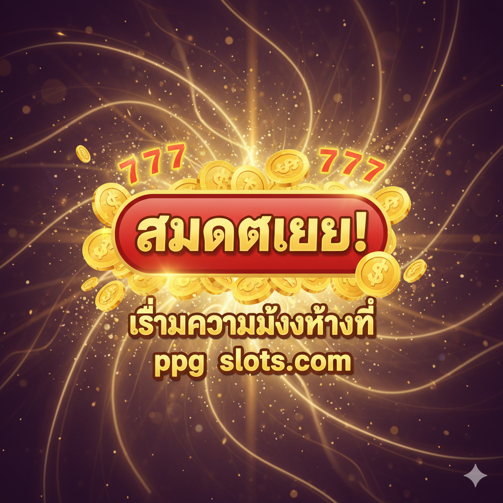 ภาพสรุปและกระตุ้นการตัดสินใจ (Call to Action) ที่ทรงพลัง โชว์ปุ่มขนาดใหญ่ที่โดดเด่นพร้อมข้อความภาษาไทยว่า 'สมัครเลย!' หรือ 'เริ่มความมั่งคั่งที่ ppgslots.com' ล้อมรอบด้วยองค์ประกอบที่สื่อถึงการชนะรางวัล เช่น เหรียญทองที่ส่องประกาย, สัญลักษณ์ 777, และเอฟเฟกต์แสงไฟที่ระยิบระยับ องค์ประกอบภาพต้องกระตุ้นให้เกิดความรู้สึกตื่นเต้นและเร่งด่วนในการเข้าร่วม