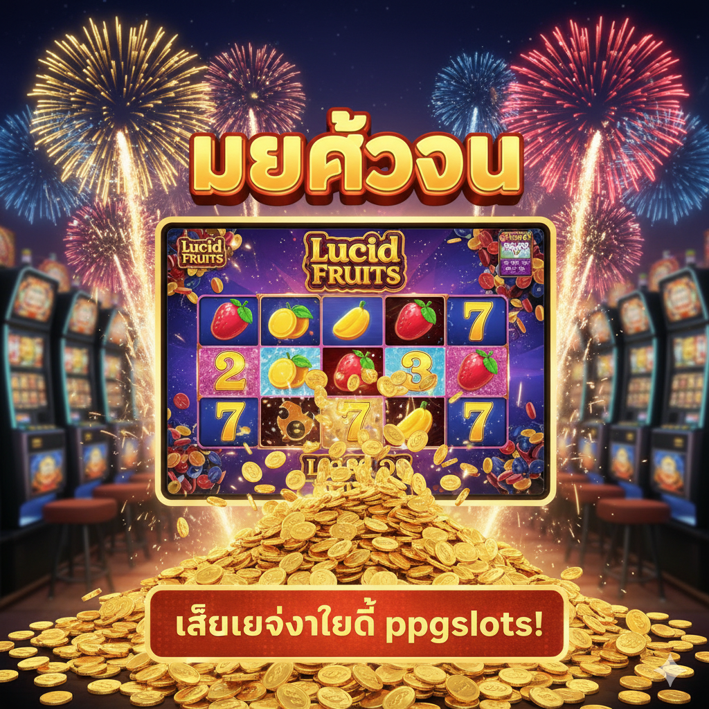ภาพสรุปและปิดท้ายที่สร้างแรงบันดาลใจ แสดงสัญลักษณ์ 'Big Win' หรือ 'Jackpot' ในเกม 'Lucid Fruits Slot' โดยมีเหรียญทองคำจำนวนมหาศาลทะลักออกมาจากหน้าจอ พร้อมเอฟเฟกต์พลุหรือแสงสีที่บ่งบอกถึงการฉลองชัยชนะ ตัวอักษร 'BIG WIN' หรือ 'MEGA WIN' เรืองแสงอย่างเด่นชัด ควรมีข้อความเชิญชวนสั้นๆ เช่น 'เล่นเลยวันนี้ที่ ppgslots!' เป็นภาษาไทยประกอบอยู่ด้วย เพื่อกระตุ้นการตัดสินใจสุดท้ายให้ผู้ใช้งานสมัครสมาชิก