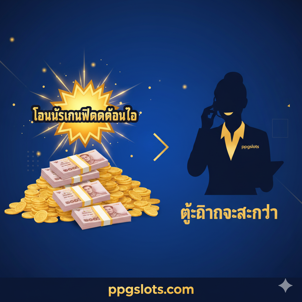 功能特性图,重点展示'โบนัสเงินฝากก้อนโต'(巨额存款红利)和'ผู้จัดการส่วนตัว'(私人客户经理)。画面左侧是堆积如山的金币和泰铢钞票,上方有一个爆炸性的金色星星符号表示高额红利。右侧是一个身着高级制服(可能带ppgslots标志)的专业客服人员(微笑,手持耳机或平板电脑)的剪影,象征专属服务。图片整体采用蓝色和金色调,强调专业、信任和高回报,构图分割清晰,信息突出。