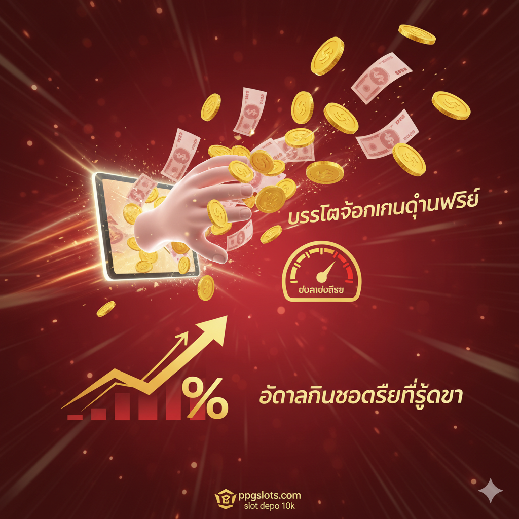 优势特点图,突出'ระบบถอนเงินด่วนพิเศษ'(优先快速提款)和'อัตราคืนยอดเสียที่สูงกว่า'(更高的回扣率)。主要视觉元素是一只手快速将大把钞票或金币从屏幕中拉出,象征极速提款。旁边可以放置一个加速计或秒表图标,强调'Priority Withdrawal'。画面下方有一个曲线图或百分比符号,代表'High Rebate Rate'。色彩以红色和金色为主,营造速度和利润感,构图动态,有向前冲的视觉效果。