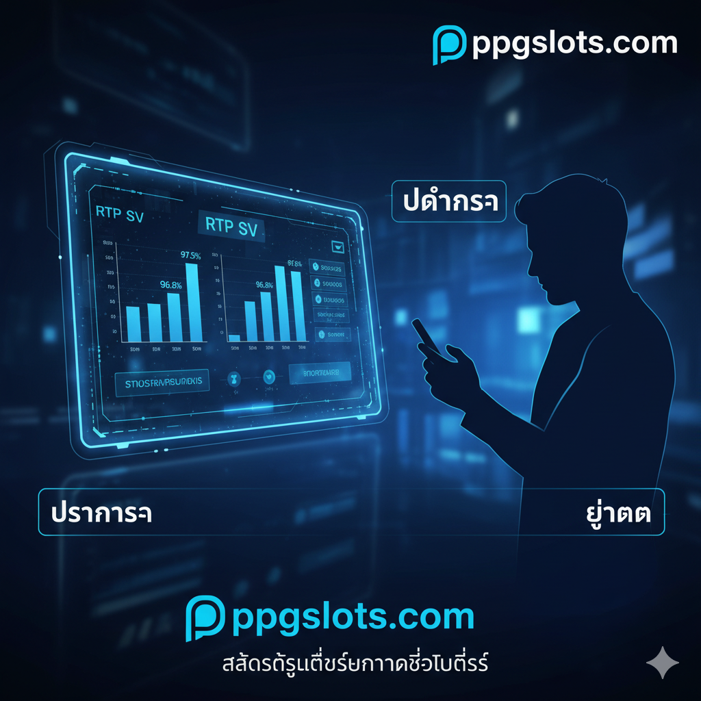 一张展示 "Terpercaya" (值得信赖) 核心优势——透明 "Live RTP" (实时RTP) 的图片。构图左侧展示一个充满科技感的发光数据仪表盘，标题为 "RTP LIVE" (实时RTP)，显示不同游戏的实时高百分比（例如 97.5%, 96.8%）条形图。右侧是一个满意的玩家剪影，正看着手机上的这个RTP数据。图片中融入 "โปร่งใส" (透明) และ "ยุติธรรม" (公平) 的泰语文字。整体风格现代、数据驱动，使用蓝色、白色和霓หรี่ดสีนีออน，通过技术感和透明度来建立信任。