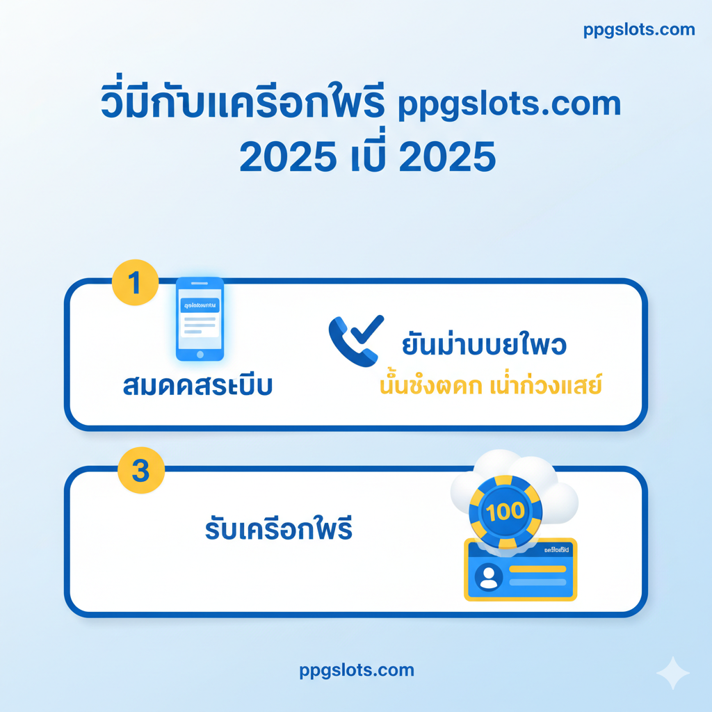 ภาพกราฟิกแสดงขั้นตอนการรับเครดิตฟรีสามขั้นตอน: 1. สมัครสมาชิก 2. ยืนยันเบอร์โทร 3. กดรับเครดิตฟรี 50 หรือ 100 บาท โดยมีไอคอนและสีที่ชัดเจนสำหรับผู้ใช้ชาวไทย