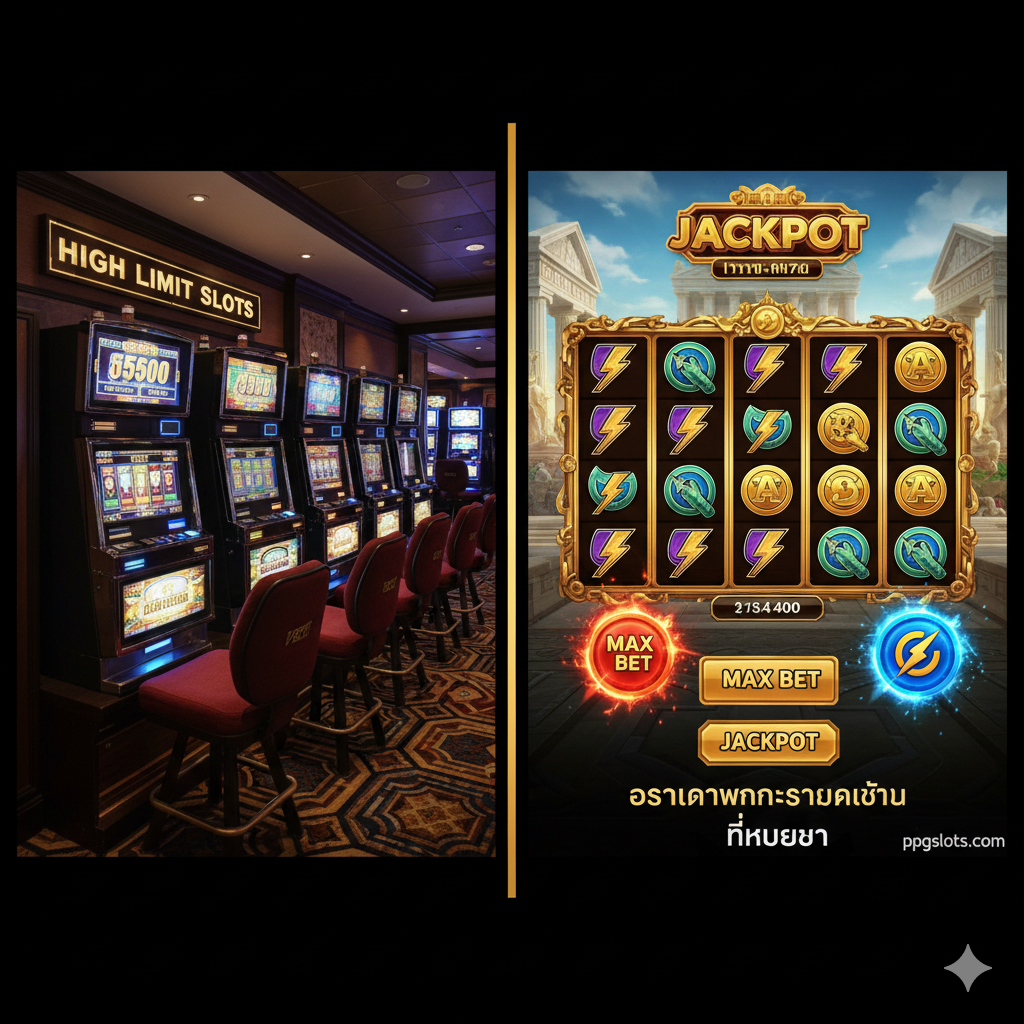 ภาพสำหรับส่วนที่ 2.1 และ 4.1 เปรียบเทียบ High Limit Slots ของคาสิโนจริงกับเกม Jackpot ของ ppgslots.com จัดวางภาพในลักษณะตารางเปรียบเทียบ โดยฝั่งซ้ายเป็นภาพตู้ High Limit Slots ในคาสิโนที่ดูจริงจังและใช้เดิมพันสูง มีบรรยากาศที่เงียบสงบและเป็นส่วนตัว ส่วนฝั่งขวาเป็นภาพหน้าจอเกมสล็อตออนไลน์ที่มีธีมคล้ายกัน (เช่น สล็อตเทพเจ้ากรีก) แต่เน้นกราฟิกที่สวยงามและปุ่ม 'Max Bet' หรือ 'Jackpot' ที่เรืองแสงอย่างน่าตื่นเต้น ใช้โทนสีแดงและน้ำเงินเพื่อดึงดูดความสนใจไปที่โอกาสชนะรางวัลใหญ่ที่เหนือกว่าบนแพลตฟอร์มออนไลน์
