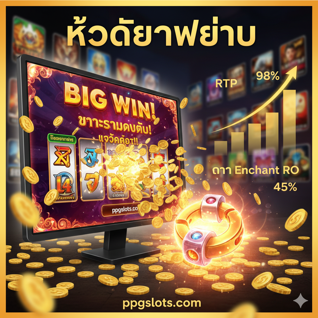 ภาพแสดงความได้เปรียบ (Advantage) ของการเล่นสล็อตออนไลน์ เน้นความรู้สึกแห่งชัยชนะและผลตอบแทนที่จับต้องได้ ภาพเป็นฉากที่เครื่องประดับ RO ที่มี Socket Slot สว่างวาบ แต่ทับซ้อนอยู่กับหน้าจอ 'BIG WIN' หรือ 'JACKPOT' ในเกมสล็อตของ ppgslots.com พร้อมเหรียญทองจำนวนมหาศาลที่พุ่งออกมาจากหน้าจอ เน้นสีทองและสีแดงเพื่อสร้างความตื่นเต้นและสื่อถึงเงินรางวัลจริง มีกราฟแท่งที่แสดงเปอร์เซ็นต์ RTP ที่พุ่งสูงขึ้นอย่างเห็นได้ชัดเมื่อเทียบกับการ Enchant ของ RO เพื่อตอกย้ำข้อดีของการเปลี่ยนมาเล่นสล็อต