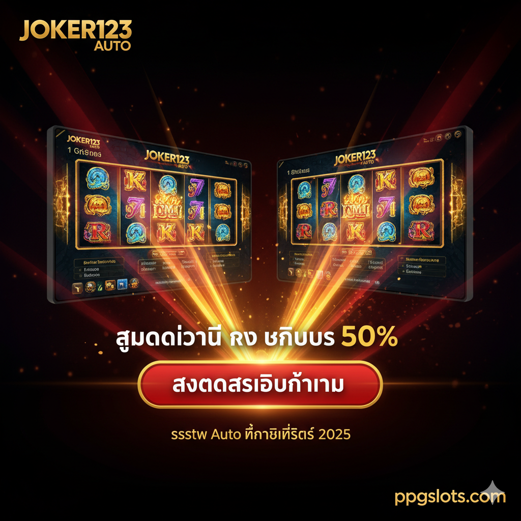 ภาพสรุปและกระตุ้นการตัดสินใจ (Call to Action) ใช้โทนสีร้อนแรงหรือสีเข้มที่น่าตื่นเต้น (เช่น สีดำ-แดง-ทอง) องค์ประกอบประกอบด้วยภาพรวมของหน้าจอเกมสล็อตยอดฮิตของ Joker123 (เช่น Roma Slot หรือ Blue Ocean 3) ที่มีเส้นแสงพุ่งเข้าสู่ปุ่ม 'สมัครสมาชิกตอนนี้' ที่มีขนาดใหญ่และโดดเด่น เน้นย้ำข้อความสำคัญ 'สมัครวันนี้ รับโบนัส 50%' และ 'ระบบ Auto ที่เสถียรที่สุด 2025' เพื่อปิดท้ายการนำเสนอและกระตุ้นให้ผู้เล่นคลิกเข้าสู่เว็บไซต์ ppgslots.com ทันที