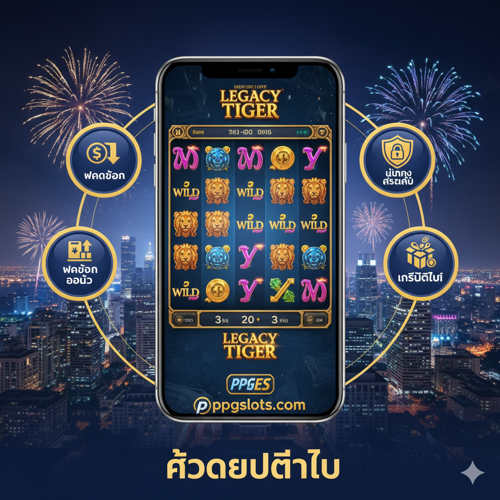 ภาพแสดงความได้เปรียบของการเล่นบน ppgslots.com: เน้นที่หน้าจอโทรศัพท์มือถือที่กำลังแสดงเกมสล็อต Legacy of the Tiger อย่างลื่นไหล มีไอคอนล้อมรอบมือถือที่แสดงถึงคุณสมบัติเด่นของเว็บไซต์ เช่น 'ฝากถอน ออโต้' (Auto Deposit/Withdrawal), 'มั่นคง ปลอดภัย', และ 'เครดิตฟรี' ใช้โทนสีน้ำเงินและทองที่เป็นสีหลักของแบรนด์ ppgslots.com มีพื้นหลังเป็นภาพเมืองที่มีแสงไฟระยิบระยับ สื่อถึงความรวดเร็วและความน่าเชื่อถือในการทำธุรกรรมทางการเงินออนไลน์ สไตล์ทันสมัยและเน้นเทคโนโลยี
