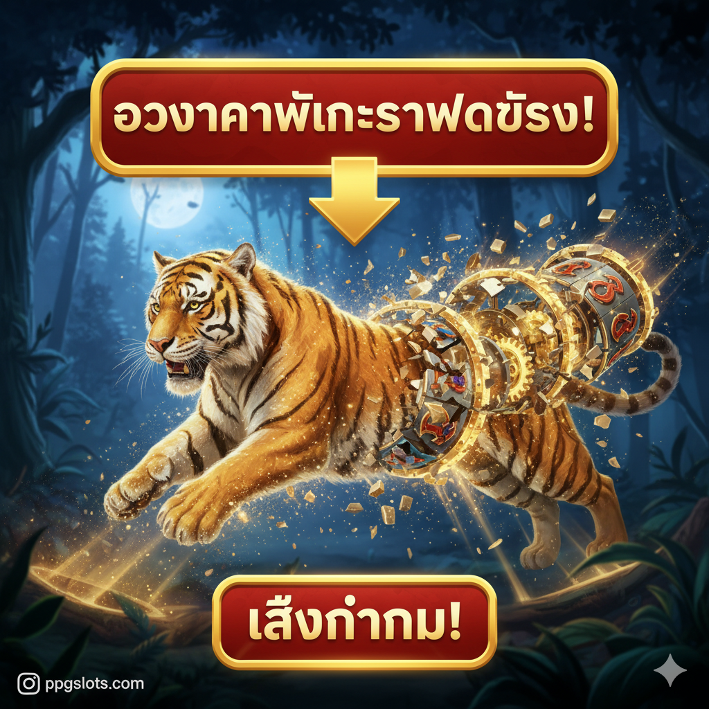 ภาพสรุปและกระตุ้นการตัดสินใจ (CTA): แสดงภาพเสือโคร่งที่เป็นสัญลักษณ์ของเกมกำลังก้าวออกมาจากวงล้อเกมที่แตกออกเป็นแสงสีทอง มีกล่องข้อความขนาดใหญ่ที่โดดเด่นพร้อมคำว่า 'Legacy of the Tiger Jackpot' หรือ 'โอกาสชนะรางวัลใหญ่' พร้อมลูกศรชี้ลงไปยังปุ่ม 'เล่นตอนนี้' หรือ 'Play Now' ที่โดดเด่นเป็นพิเศษ (สีแดงหรือสีทอง) บรรยากาศของภาพสื่อถึงชัยชนะและรางวัลที่กำลังจะมาถึง เป็นการผสมผสานภาพเกมเข้ากับ Call-to-Action ที่ชัดเจนและดึงดูดสายตา