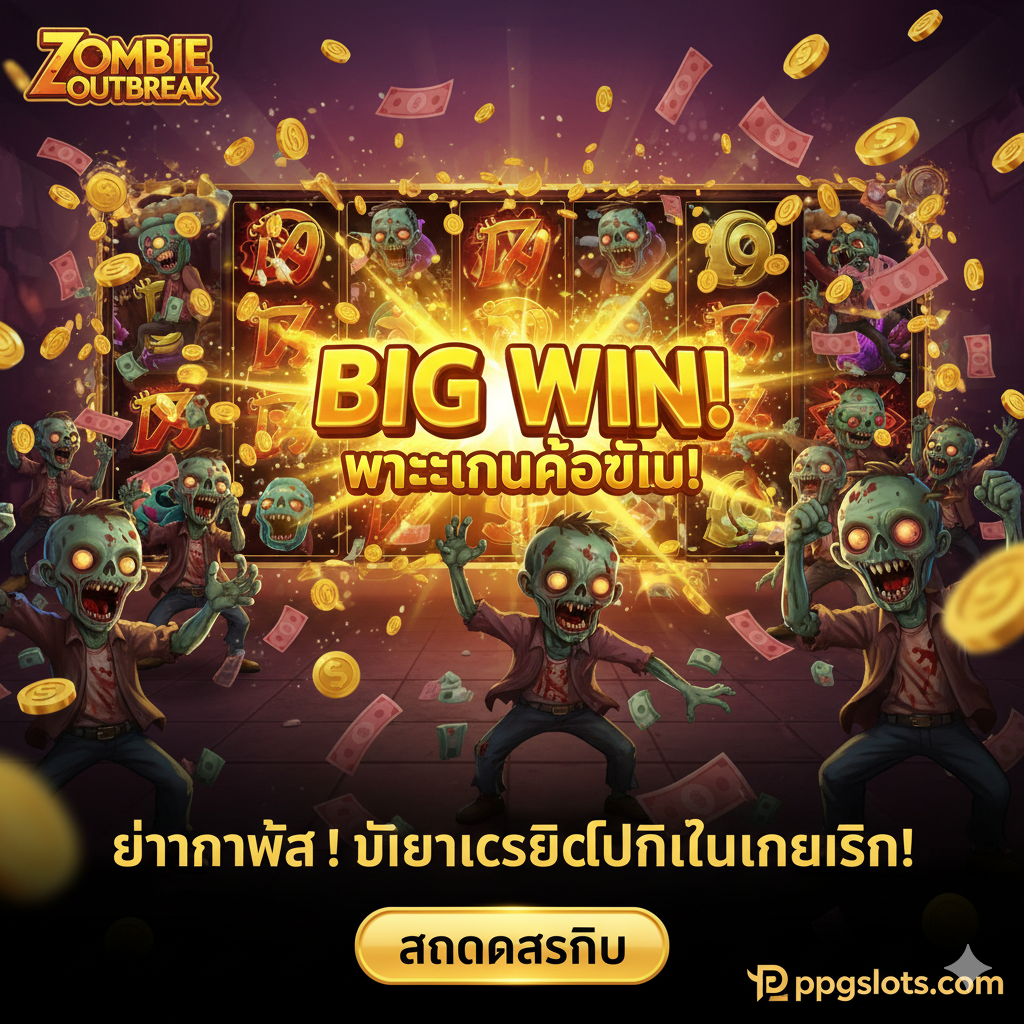 ภาพสรุป,เสนอ Call-to-Action ที่แข็งแกร่ง,และเน้นย้ำถึงความเป็นไปได้ในการได้รับ ชัยชนะครั้งใหญ่ (Big Win) ฉากต้องเป็น ฉากการเฉลิมฉลองชัยชนะ,เช่น หน้าจอเกม Zombie Outbreak แสดงแอนิเมชัน 'BIG WIN' หรือ 'MEGA WIN' ขนาดใหญ่,เหรียญทองหรือเงินสดระเบิดออกมา สีหลักควรเป็น สีทองและสีแดง,เป็นสัญลักษณ์ของความมั่งคั่งและความเร่าร้อน ข้อความ CTA ภาษาไทยที่เด่นชัดซ้อนทับ: “อย่ารอช้า! เปลี่ยนเครดิตฟรีเป็นเงินจริง!”(อย่ารอช้า! เปลี่ยนเครดิตฟรีเป็นเงินจริง!),พร้อมองค์ประกอบที่เป็นปุ่มหรือลูกศรที่ด้านล่าง,นำผู้ใช้ไปยัง การลงทะเบียนสมัครสมาชิก