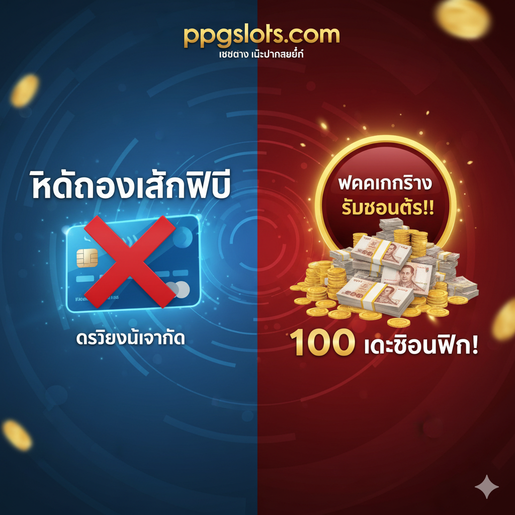 A powerful summary and call-to-action image that bridges the Demo experience to Real Money play. The image should feature a strong visual contrast: one half showing the 'Free Demo' concept (e.g., a credit card being 'cancelled out' or 'free' text), and the other half showcasing the 'Real Money' benefit (e.g., a stack of Thai currency or a vibrant '100 Free Credit' badge in Thai). The ppgslots.com logo and the phrase 'เว็บตรง ไม่ผ่านเอเย่นต์' (Direct Web, No Agent) should be prominently displayed to establish trust. The overall mood is exciting and rewarding, using bright, warm colors (reds, gold) to encourage the final step of registration and deposit.