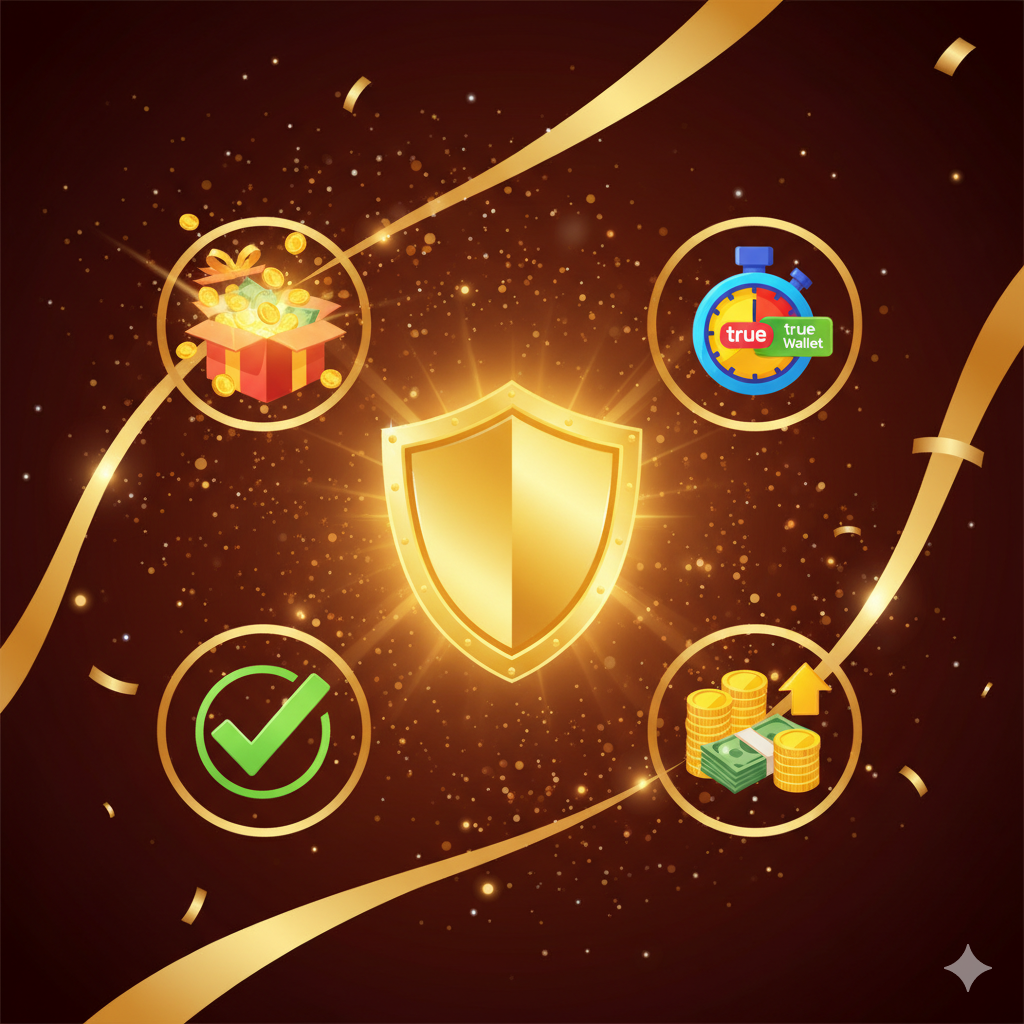 ภาพเพื่อเน้นข้อได้เปรียบ/โบนัสพิเศษของ ppgslots.com องค์ประกอบหลักคือการรวมสัญลักษณ์ของ 'ความคุ้มค่า' และ 'ความปลอดภัย' เข้าด้วยกัน อาจเป็นภาพโล่ป้องกันสีทองที่กำลังเรืองแสง พร้อมไอคอนรอบด้าน เช่น 'เครดิตฟรี', 'เว็บตรงไม่ผ่านเอเย่นต์', 'ฝากถอนไม่มีขั้นต่ำ/ออโต้'