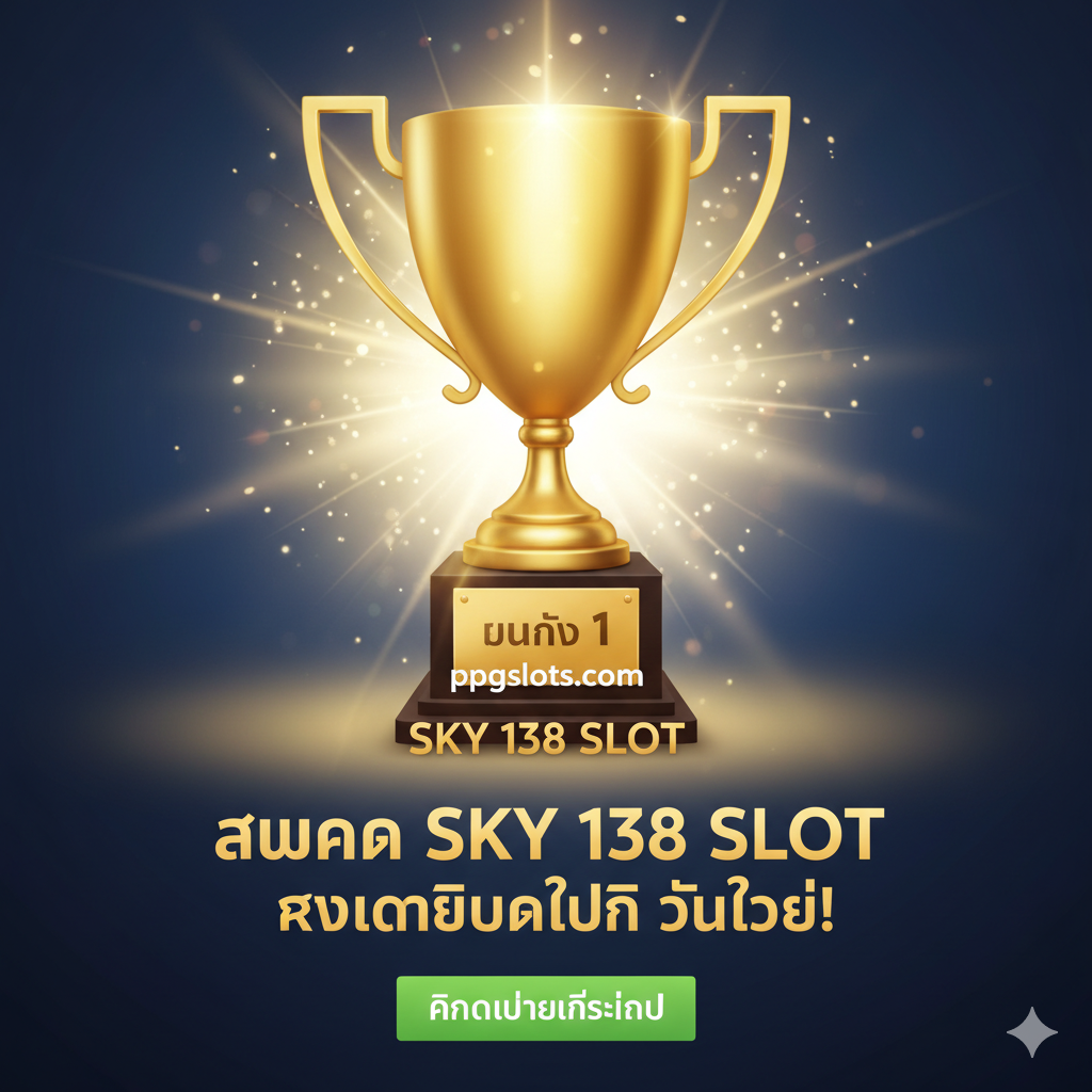 ภาพสรุปเพื่อกระตุ้นการตัดสินใจ (Call-to-Action) เน้นย้ำว่า ppgslots.com เป็นตัวเลือกอันดับ 1 สำหรับ SKY 138 SLOT องค์ประกอบหลักคือถ้วยรางวัล หรือเหรียญทองขนาดใหญ่ที่มีคำว่า 'อันดับ 1' พร้อมข้อความที่กระตุ้นการสมัคร เช่น “สมัคร SKY 138 SLOT รับเครดิตฟรี วันนี้!”
