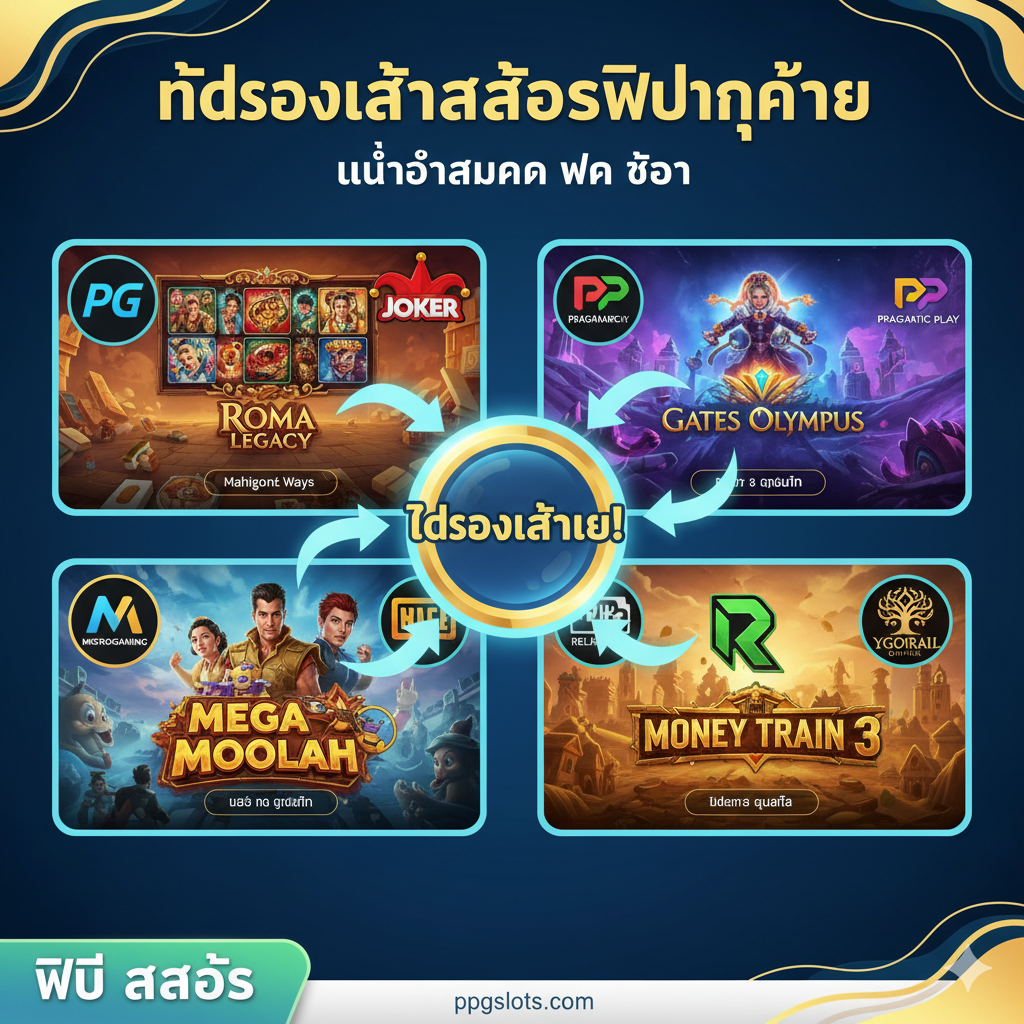 功能图片,着重展示“ทดลองเล่นสล็อตฟรีทุกค่าย”的特点。画面应分割成多个小窗口,每个窗口展示一个热门游戏提供商(如PG Soft, Joker Gaming)的标志和一个该公司的代表性游戏画面(例如PG的Mahjong Ways或Treasures of Aztec),代表“全覆盖”。ใน画面中央,一个巨大的“DEMO”หรือ“PLAY NOW”按钮悬浮,并用箭头指向不同的游戏窗口,强调“无需注册,即刻开玩”的便捷性。色彩明亮,突出游戏的娱乐性和多样性。