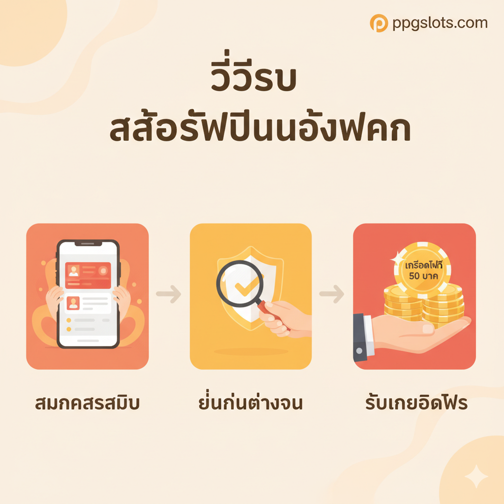 教程图片,聚焦于“สล็อตฟรีไม่ต้องฝาก”的领取流程。画面采用三步流程图的构图,风格简洁明了。第一步:一个手机屏幕显示“สมัครสมาชิก”;第二步:一个手持放大镜检查“ยืนยันตัวตน”的图标;第三步:一个张开的手掌上放置着金色的“เครดิตฟรี 50 บาท”筹码。使用ppgslots.com的Logo作为品牌水印。整体色调偏向暖色系,强调“赠送”和“简单”的主题,增强用户信任และ行动力。