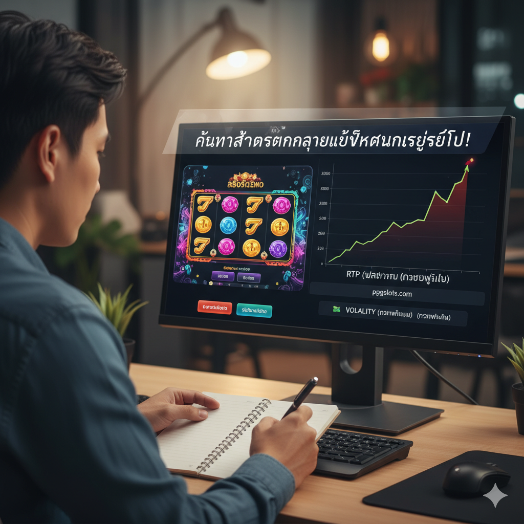 优势图片,阐释“免费模式”如何帮助玩家找到“สล็อตแตกง่าย”และ掌握策略。画面应展示一个玩家坐在电脑前,屏幕上同时显示两个窗口:左侧是“สล็อตเดโม่”游戏画面,右侧是数据分析图表(例如一个上升的折线图代表RTP或Volatility分析),玩家的手上拿着一个笔记本和笔,象征着“记录และ学习”。背景可以稍微虚化,突出玩家和屏幕,营造一种“专业分析,智慧投注”的氛围。
