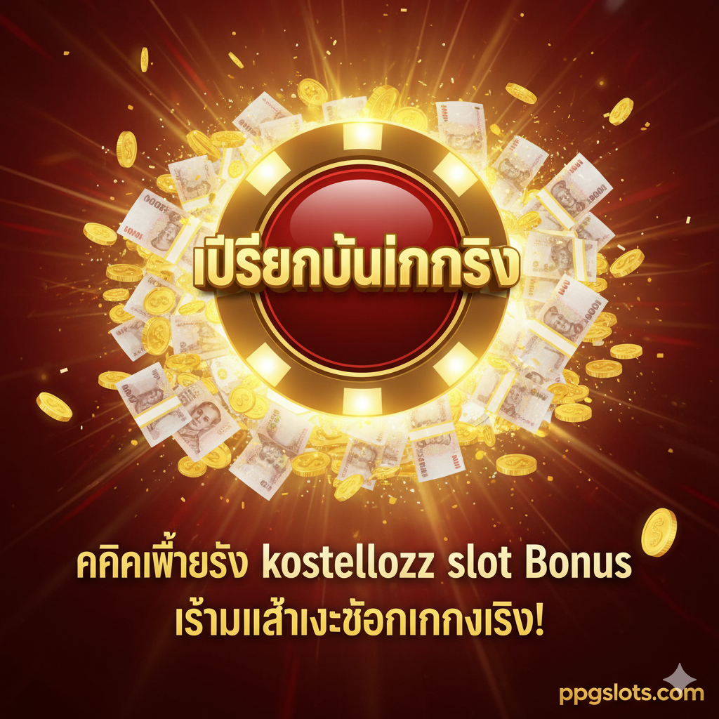 总结和行动号召图片。画面主色调采用胜利的金色และ喜庆的红色。在中心位置,一个巨大的“CHANGE TO REAL MONEY”的标志性筹码,旁边环绕着泰铢纸币和金币。下方有一行醒目的文字:“คลิกเพื่อรับ kostenlos slot Bonus” หรือ “เริ่มเล่นและถอนเงินจริง!”。整体构图充满动感和激励性,激发用户从免费体验(Demo)转向真实的奖励(Bonus),作为文章的有力结尾。