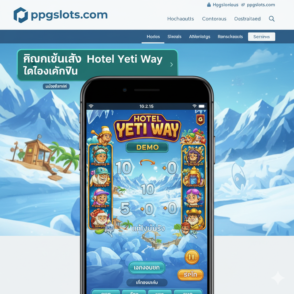 ภาพจำลองหน้าจอมือถือที่แสดงการเข้าสู่โหมด 'Hotel Yeti Way ทดลองเล่นฟรี' (Demo) บนเว็บไซต์ ppgslots.com เน้นความเรียบง่ายและเข้าถึงได้ง่าย องค์ประกอบหลักคือหน้าจอโทรศัพท์มือถือที่เปิดเกมสล็อตเยติเวอร์ชันทดลองเล่นอยู่ ฉากหลังเป็นพื้นหลังของเว็บไซต์ ppgslots.com ที่ดูสะอาดตา มีปุ่มขนาดใหญ่เขียนว่า 'คลิกเพื่อเล่น Hotel Yeti Way Demo' เน้นสีเขียวหรือสีทองเพื่อสื่อถึงการเริ่มเล่นง่าย ๆ และมีคำว่า 'ไม่ต้องสมัคร' กำกับอยู่